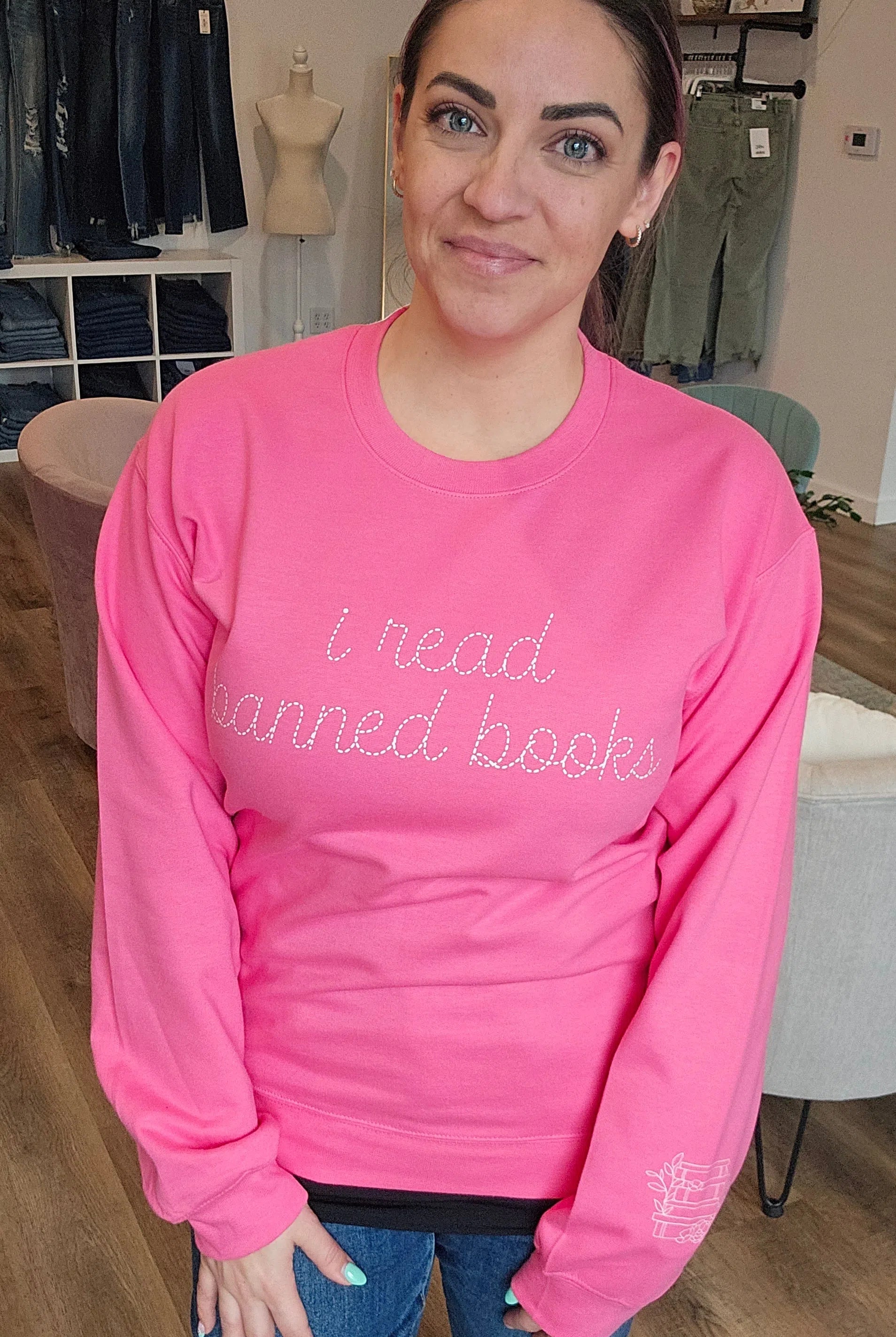 Shop I Read Banned Books Faux Embroidery- at Ruby Joy Boutique, a Women's Clothing Store in Pickerington, Ohio