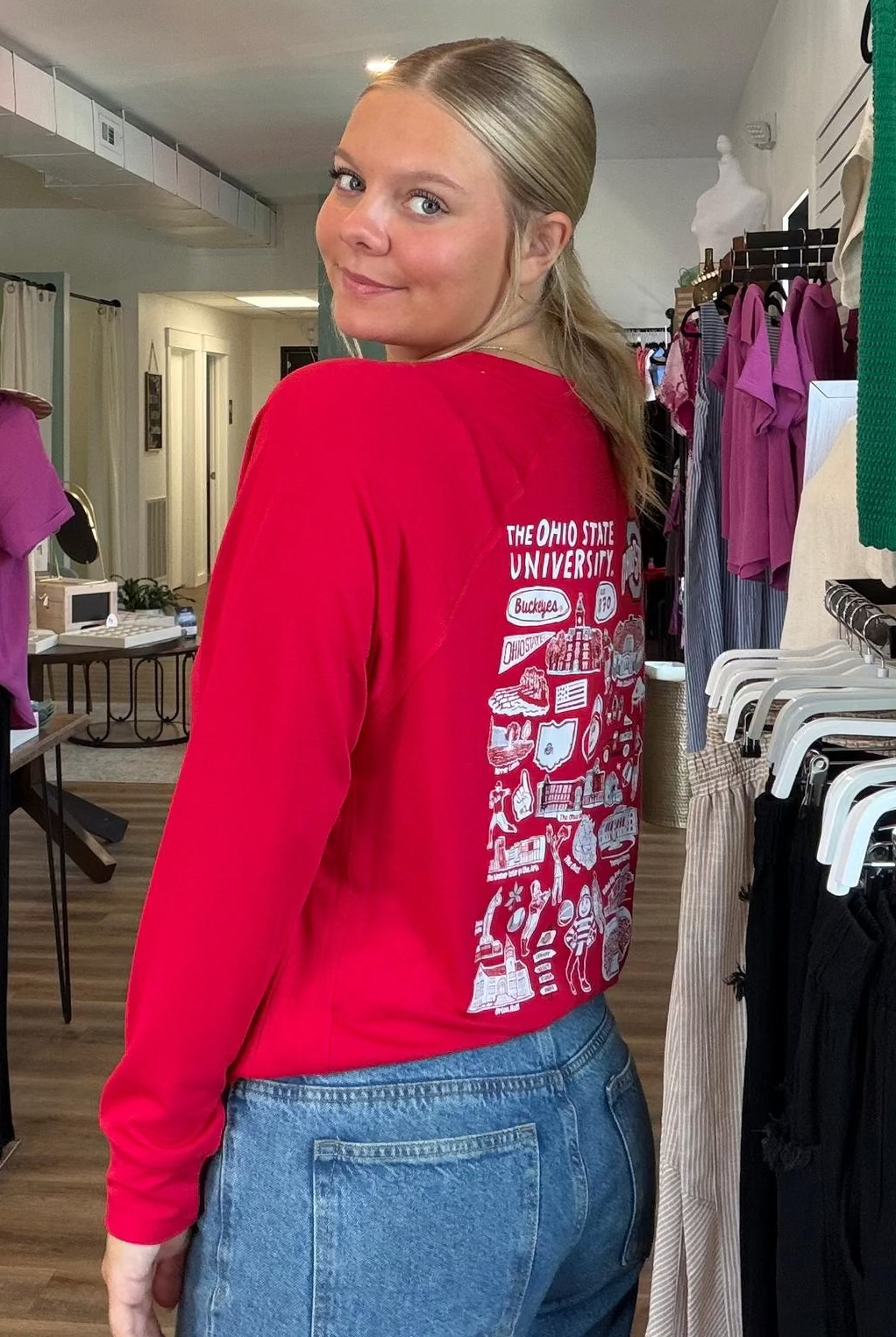 Shop Ohio State Buckeyes Long Sleeve Rylee Raglan Top- at Ruby Joy Boutique, a Women's Clothing Store in Pickerington, Ohio