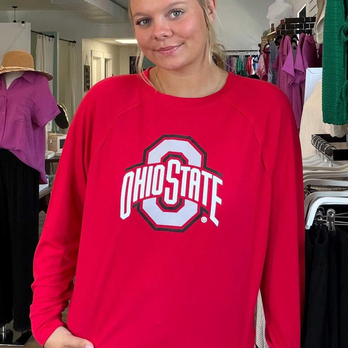Shop Ohio State Buckeyes Long Sleeve Rylee Raglan Top- at Ruby Joy Boutique, a Women's Clothing Store in Pickerington, Ohio
