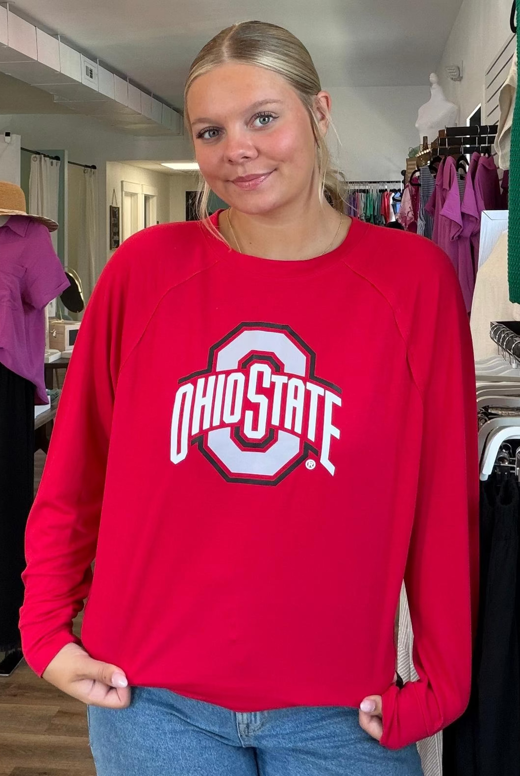 Shop Ohio State Buckeyes Long Sleeve Rylee Raglan Top- at Ruby Joy Boutique, a Women's Clothing Store in Pickerington, Ohio