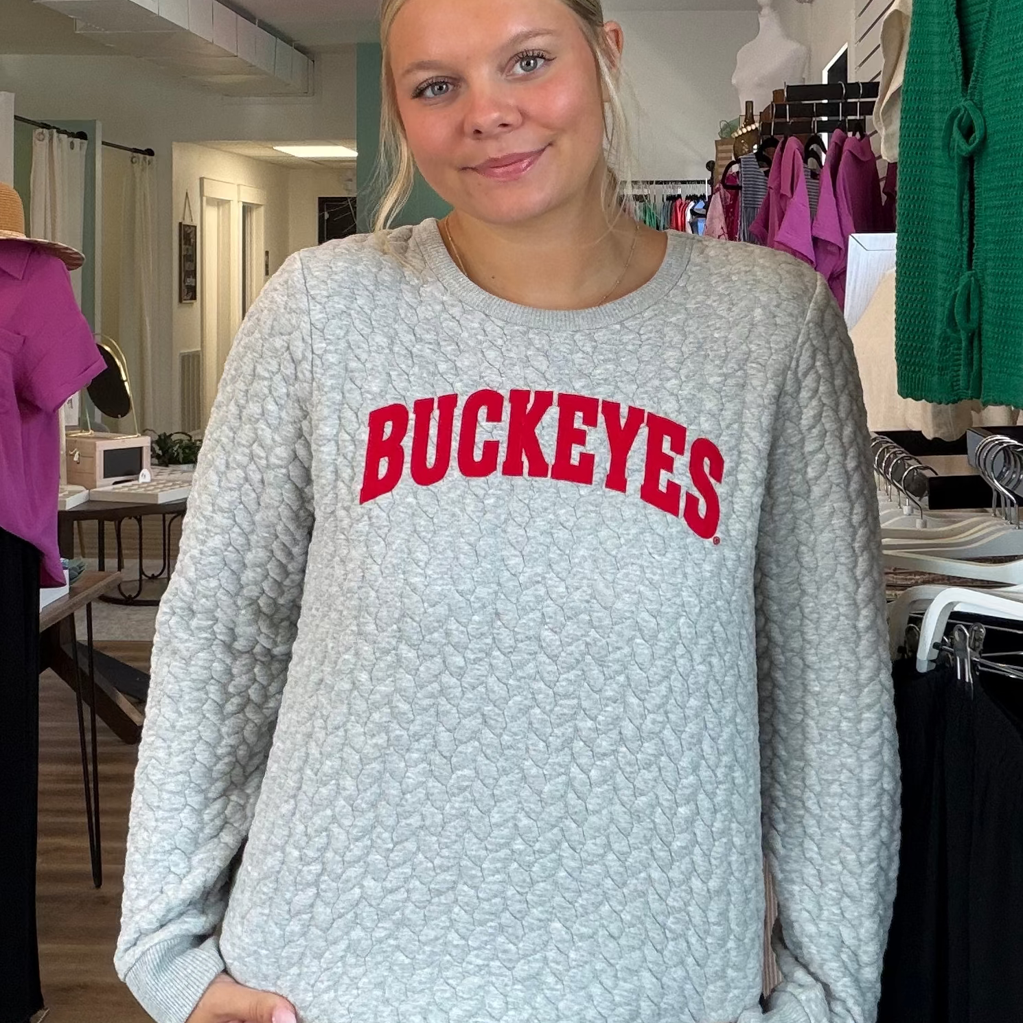 Shop Ohio State Buckeyes Kinsley Quilted Patch Sweatshirt- at Ruby Joy Boutique, a Women's Clothing Store in Pickerington, Ohio