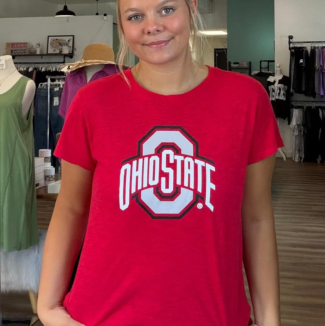 Shop Ohio State Buckeyes Long Sleeve Rylee Raglan Top- at Ruby Joy Boutique, a Women's Clothing Store in Pickerington, Ohio