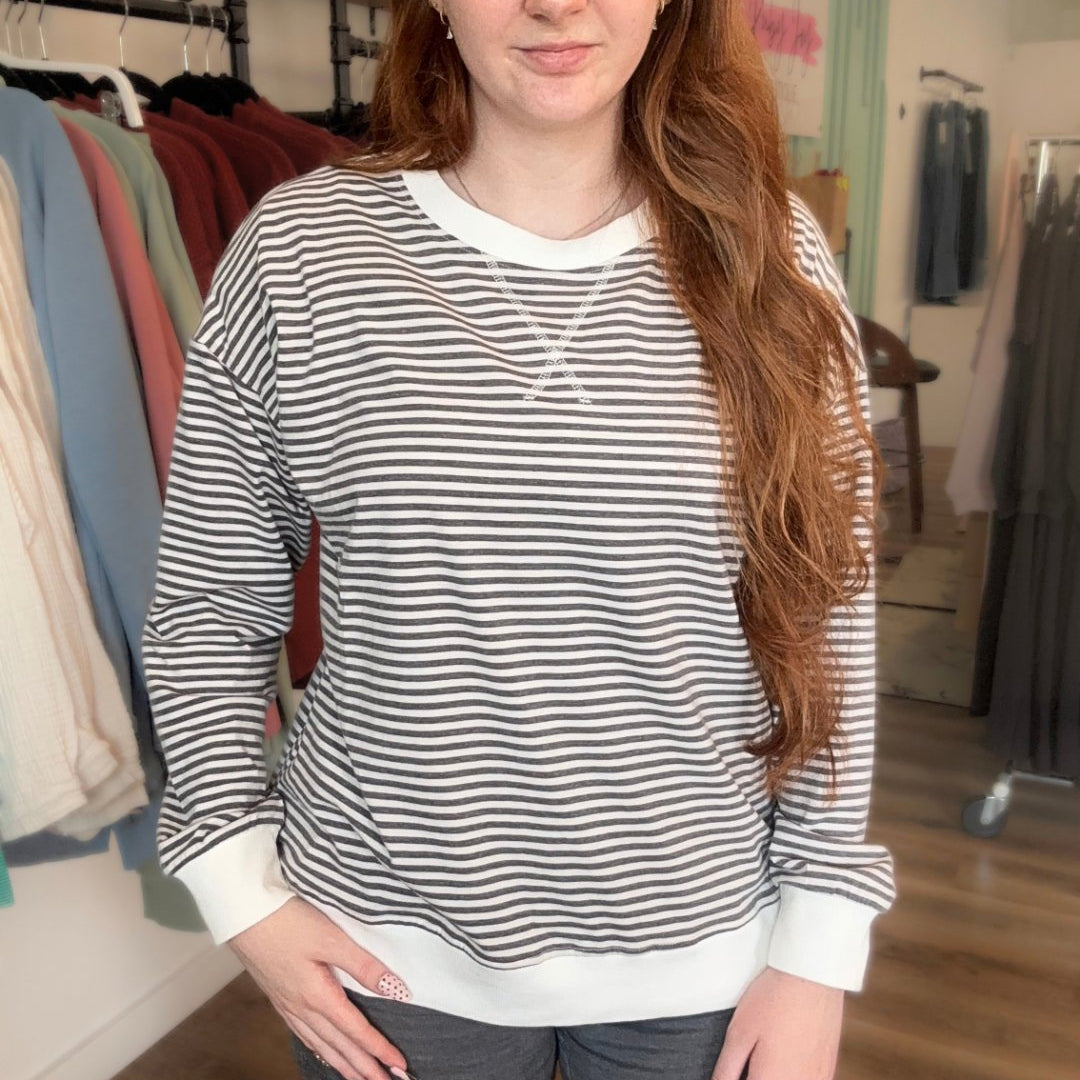 Shop Long Sleeve Charcoal Striped Top- at Ruby Joy Boutique, a Women's Clothing Store in Pickerington, Ohio