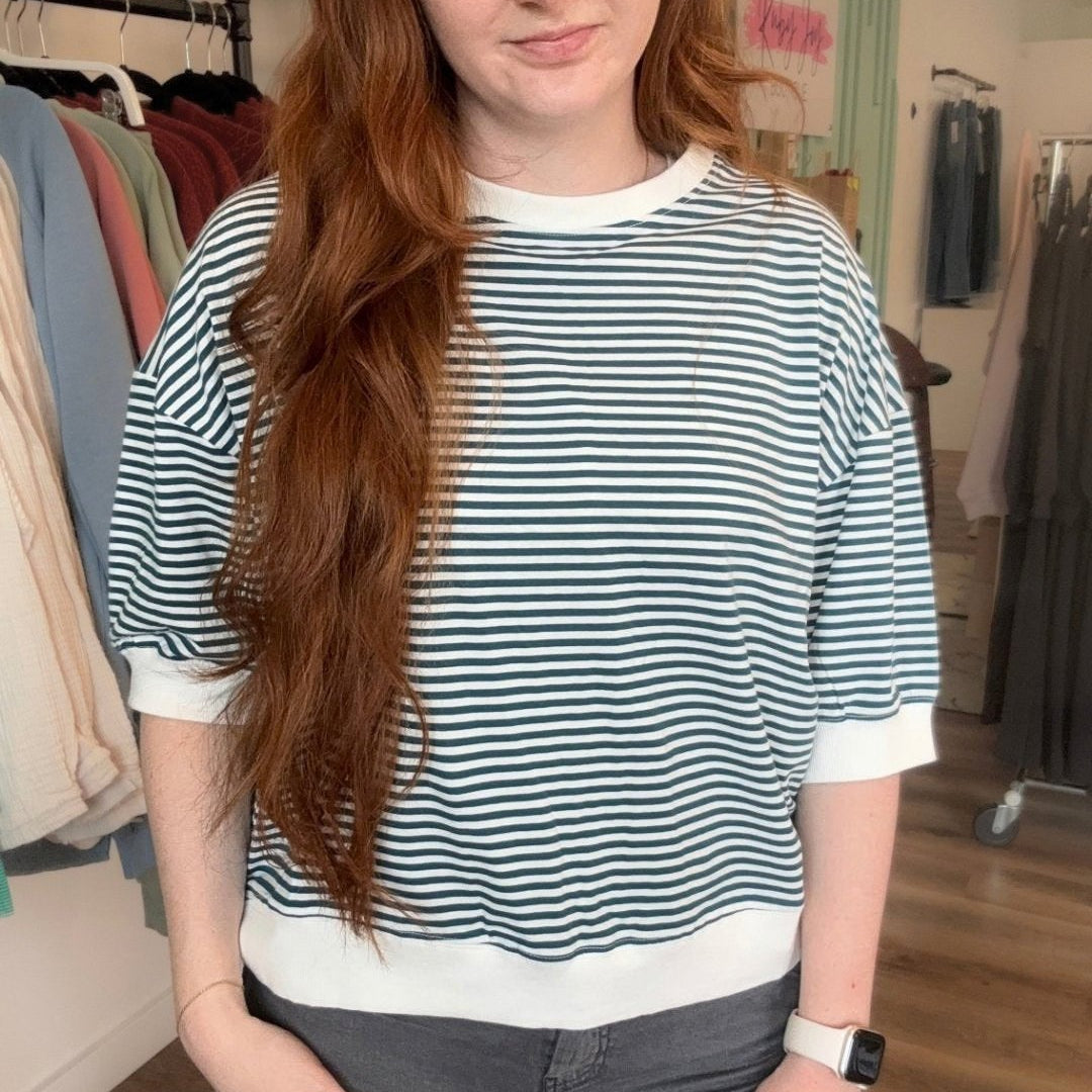 Shop Teal Striped Half-Sleeve Top- at Ruby Joy Boutique, a Women's Clothing Store in Pickerington, Ohio
