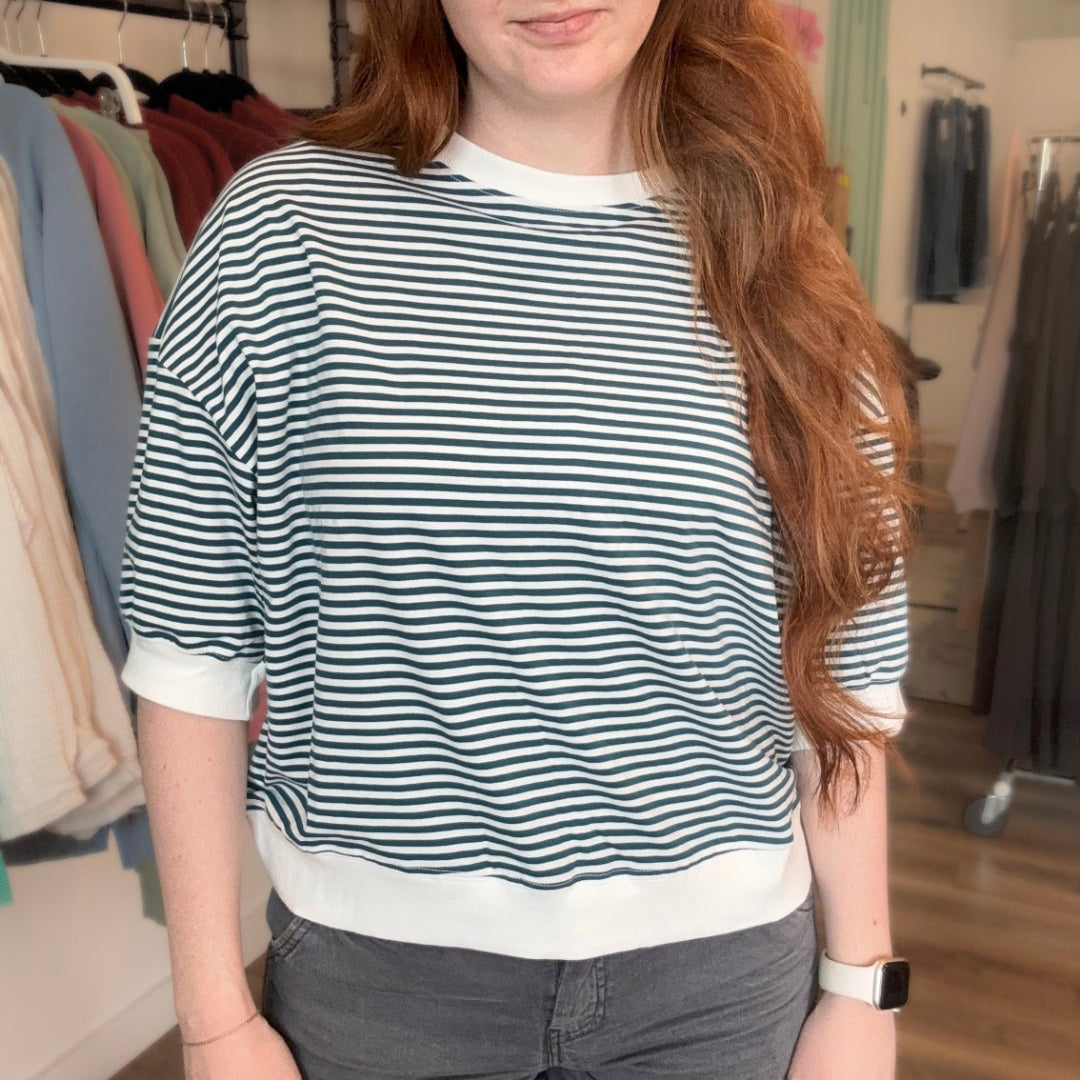 Shop Teal Striped Half-Sleeve Top- at Ruby Joy Boutique, a Women's Clothing Store in Pickerington, Ohio