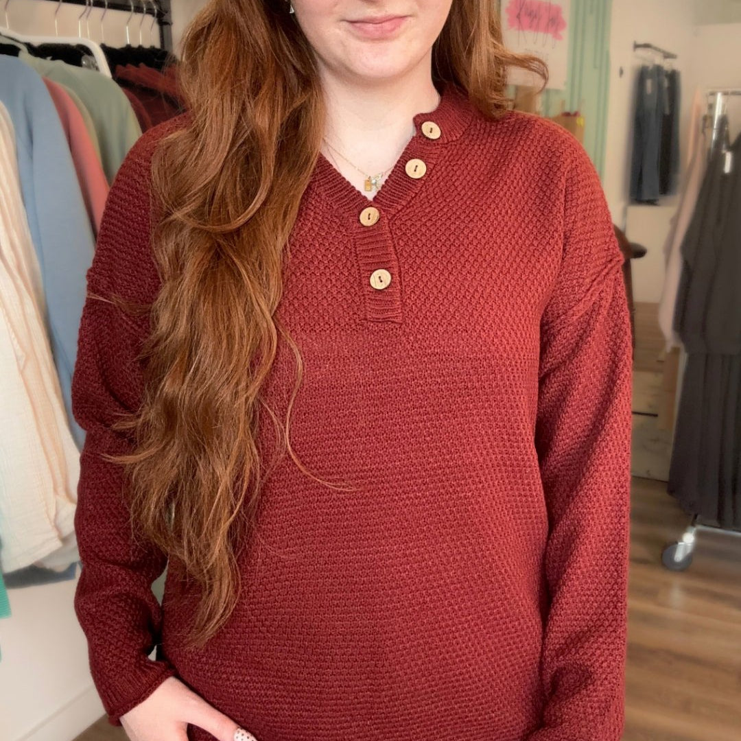Shop Rolled Hem Henley Sweater - Dark Rust- at Ruby Joy Boutique, a Women's Clothing Store in Pickerington, Ohio