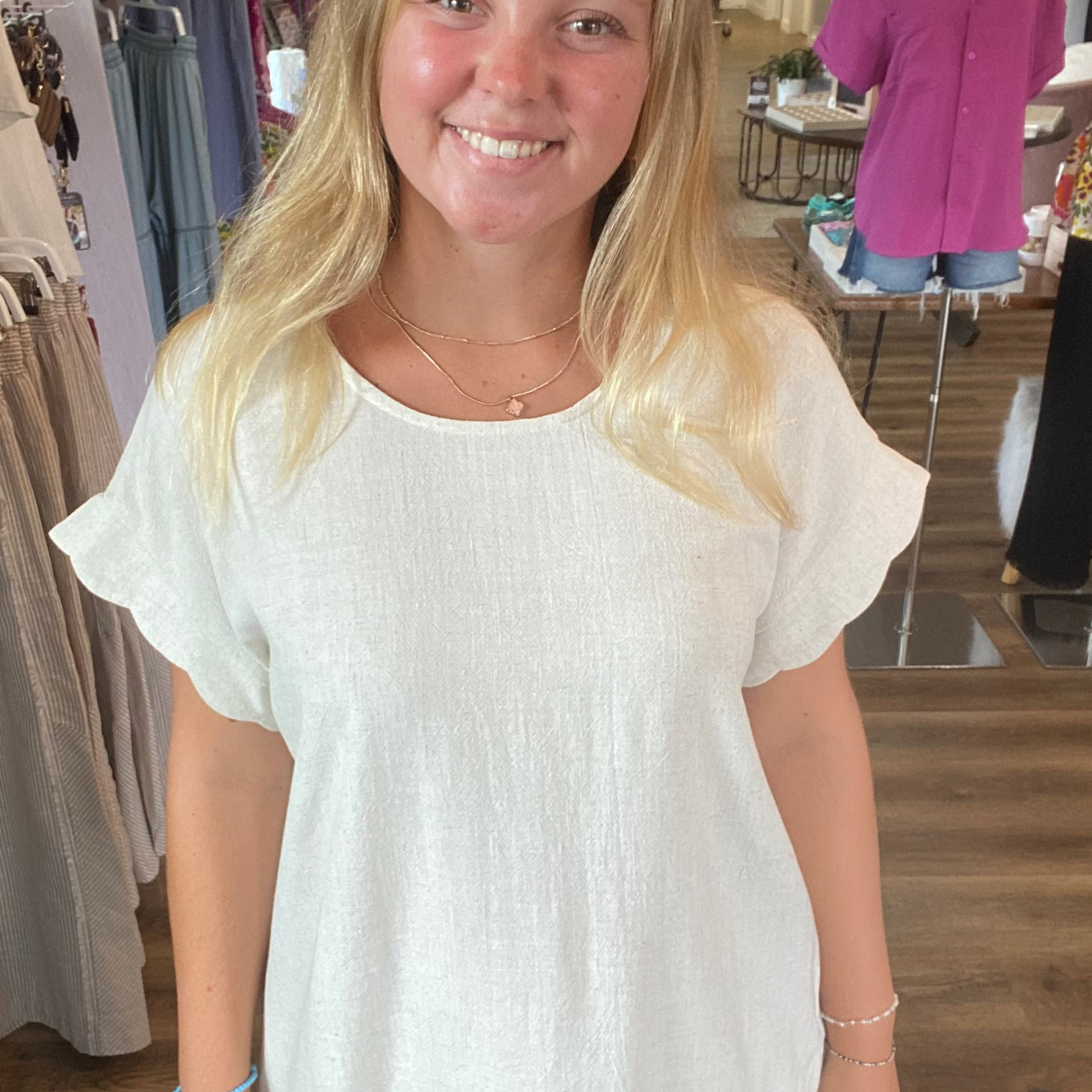 Shop Scalloped Hem Linen Blend Top - Oatmeal- at Ruby Joy Boutique, a Women's Clothing Store in Pickerington, Ohio