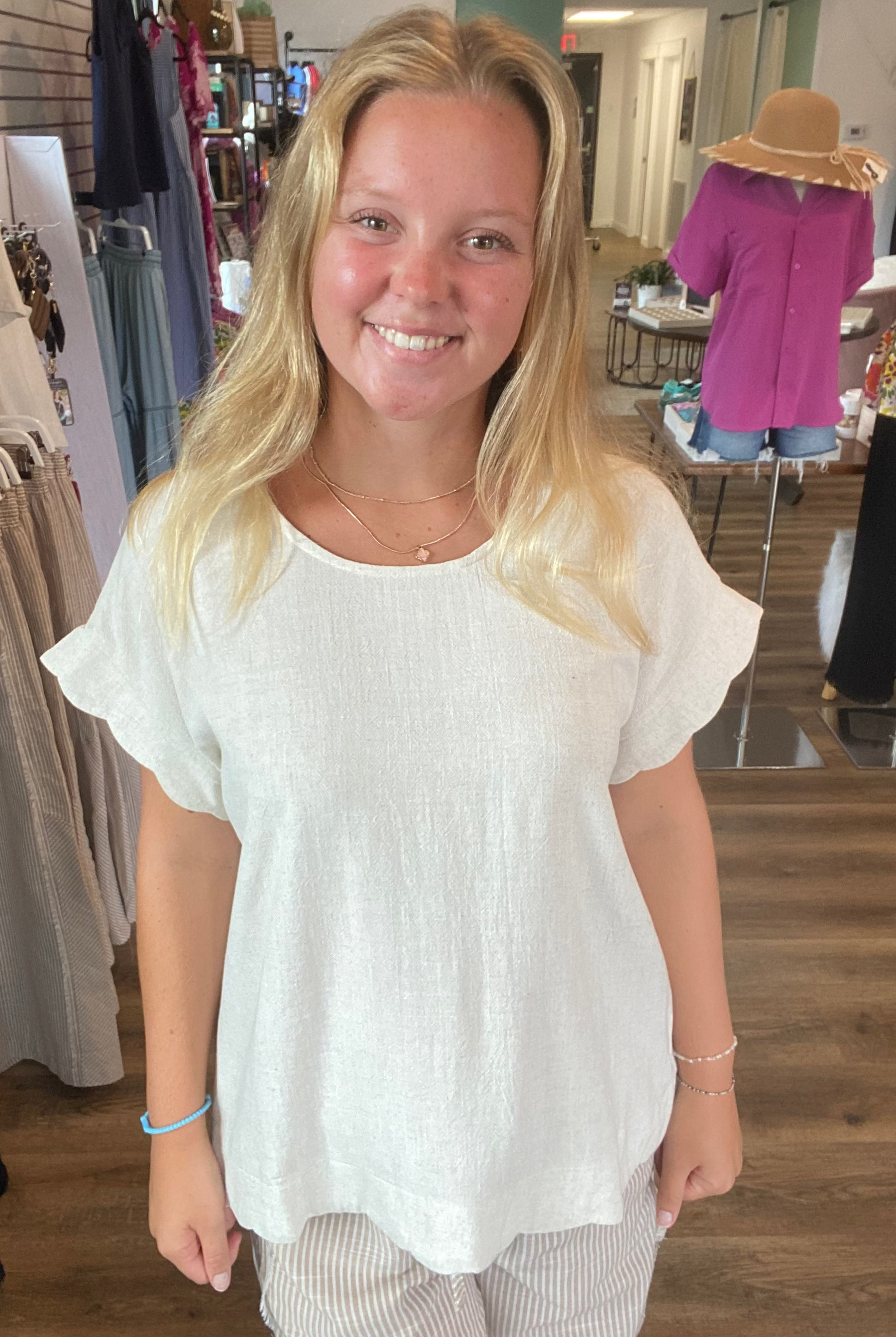 Shop Scalloped Hem Linen Blend Top - Oatmeal- at Ruby Joy Boutique, a Women's Clothing Store in Pickerington, Ohio