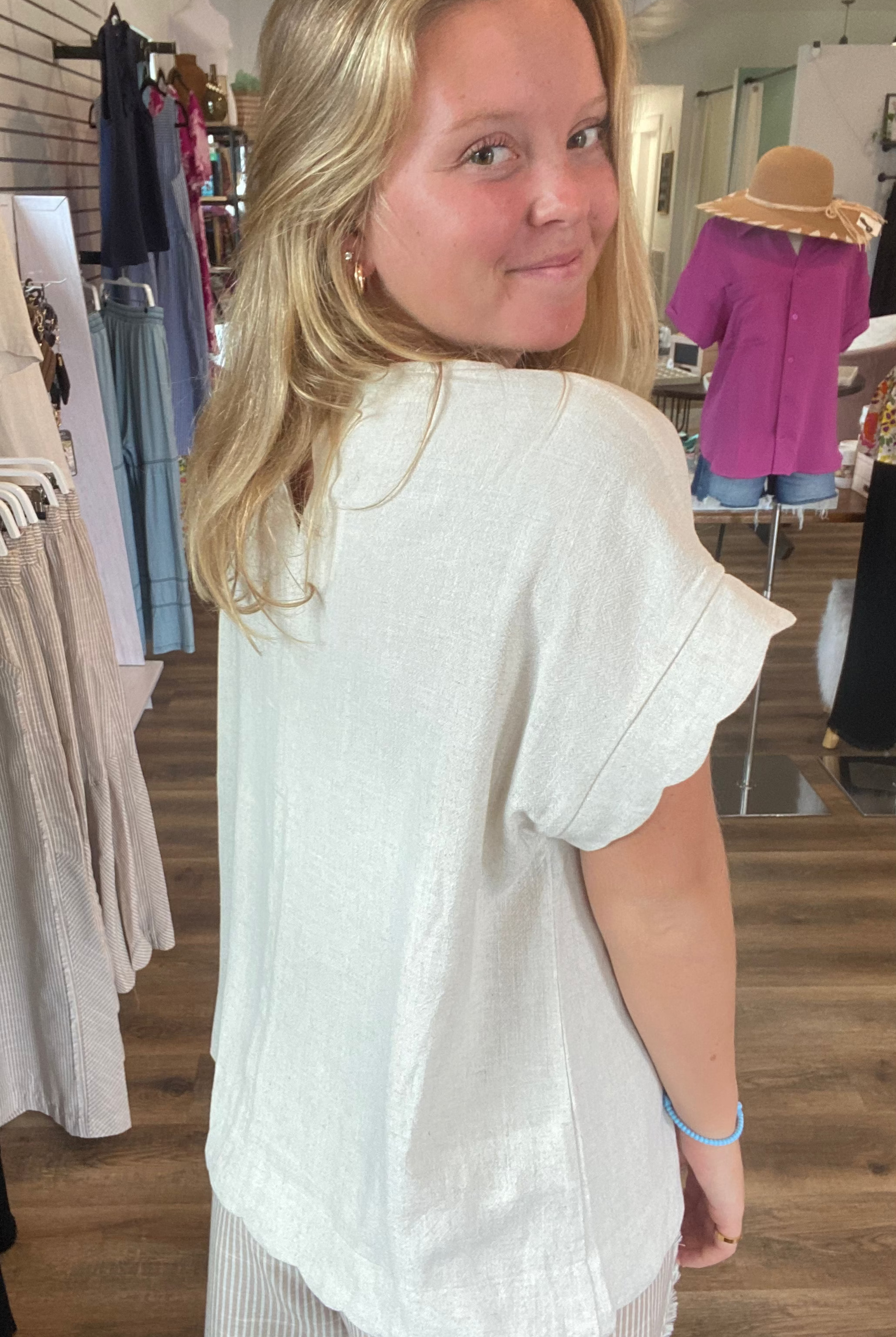 Shop Scalloped Hem Linen Blend Top - Oatmeal- at Ruby Joy Boutique, a Women's Clothing Store in Pickerington, Ohio
