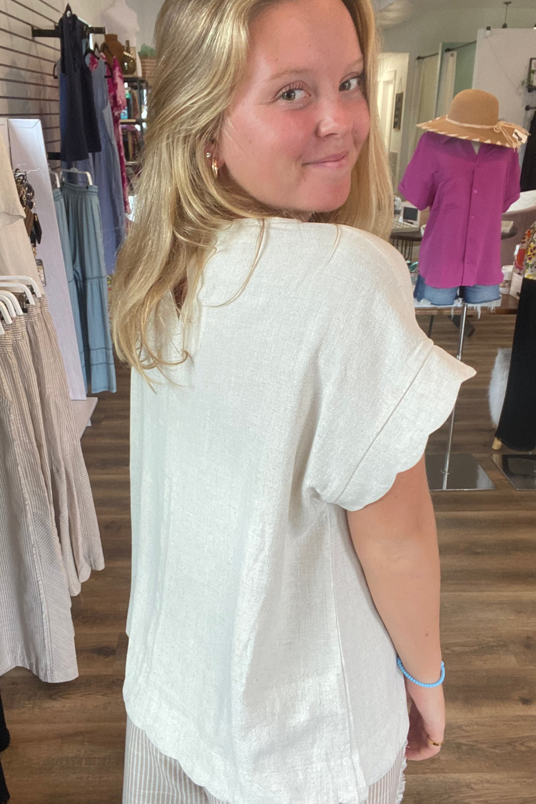 Shop Scalloped Hem Linen Blend Top - Oatmeal- at Ruby Joy Boutique, a Women's Clothing Store in Pickerington, Ohio