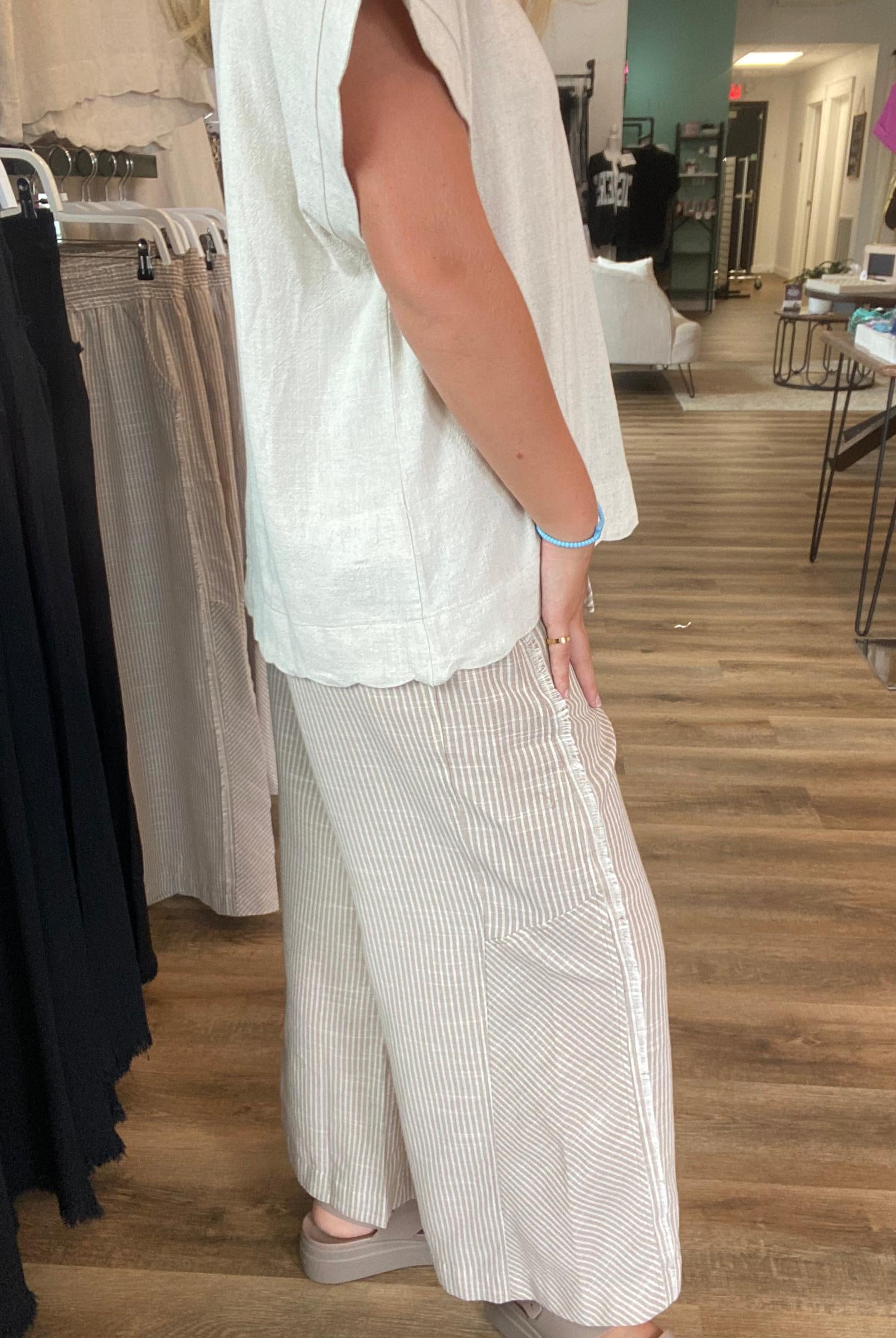 Shop Striped Wide Leg Linen Blend Pants - Tan- at Ruby Joy Boutique, a Women's Clothing Store in Pickerington, Ohio
