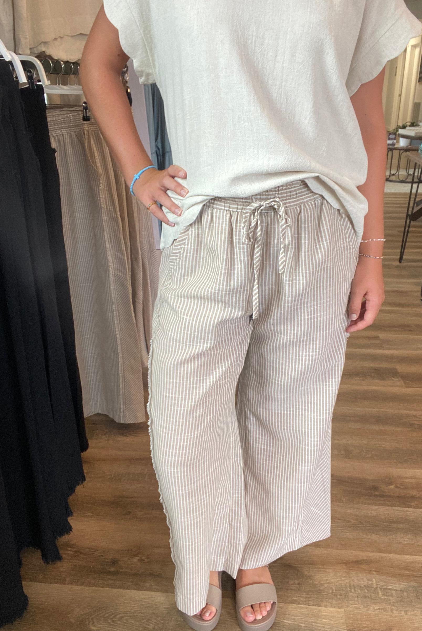 Shop Striped Wide Leg Linen Blend Pants - Tan- at Ruby Joy Boutique, a Women's Clothing Store in Pickerington, Ohio