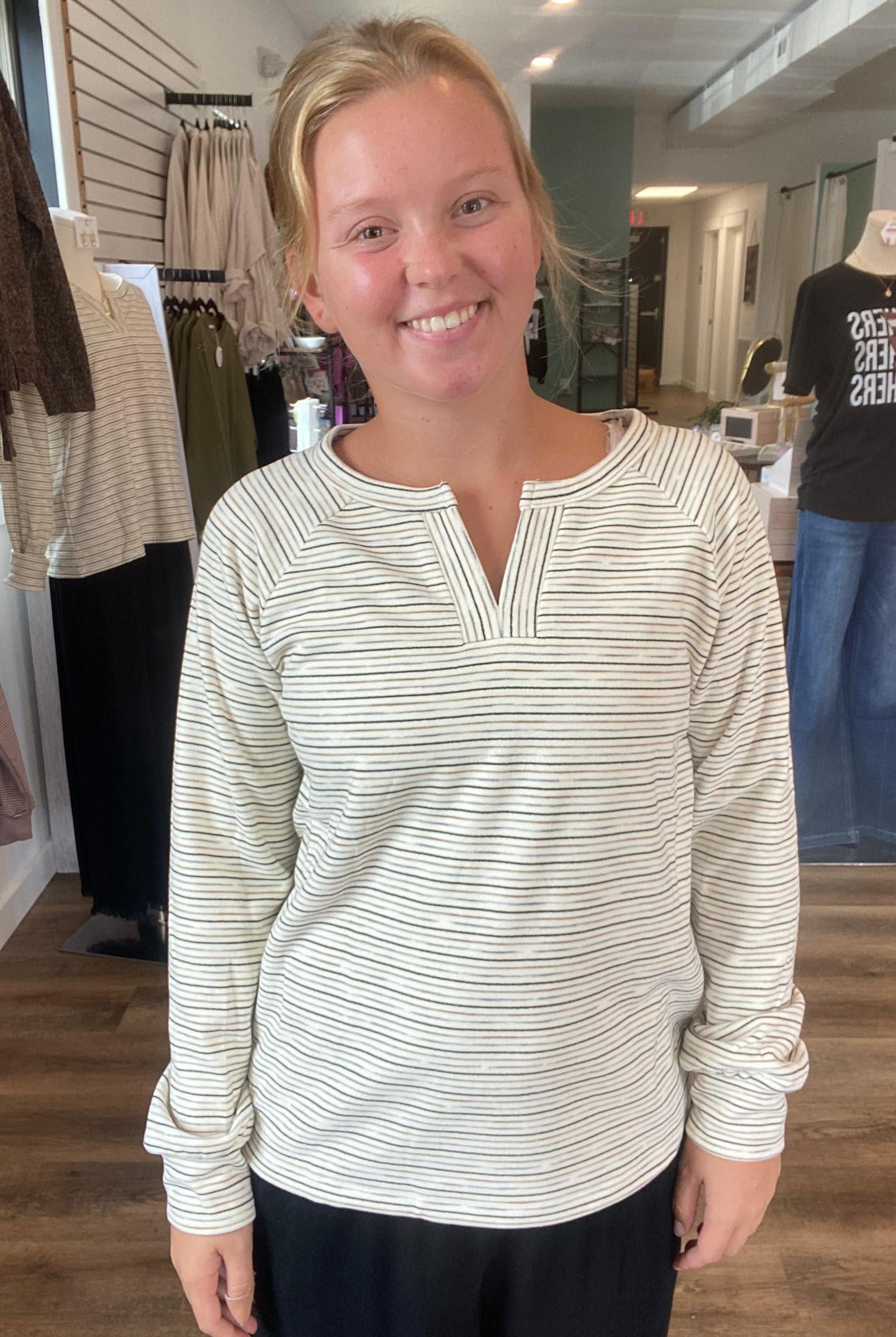 Shop Split Neck Micro Brushed Stripe Top: Ivory- at Ruby Joy Boutique, a Women's Clothing Store in Pickerington, Ohio