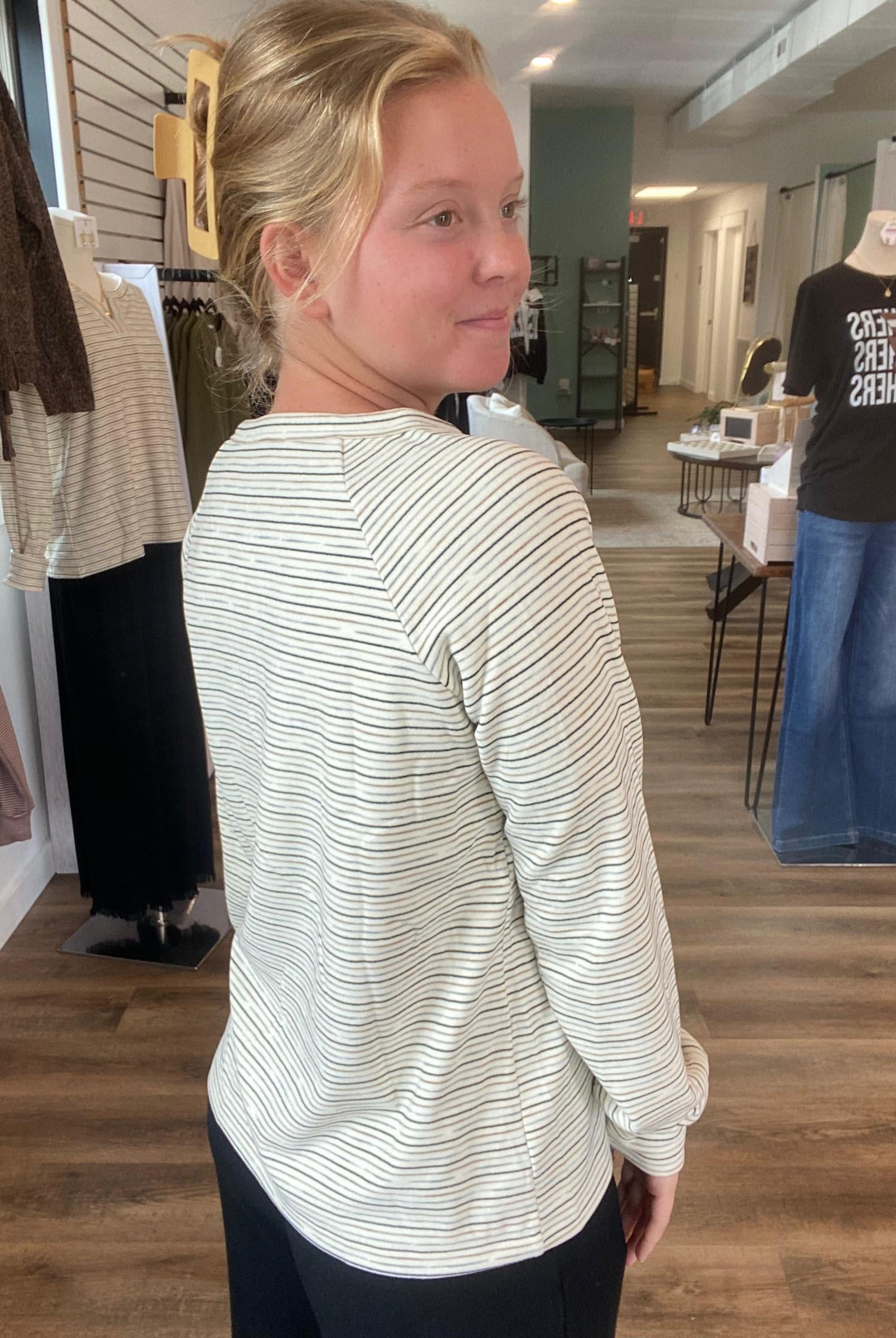 Shop Split Neck Micro Brushed Stripe Top: Ivory- at Ruby Joy Boutique, a Women's Clothing Store in Pickerington, Ohio