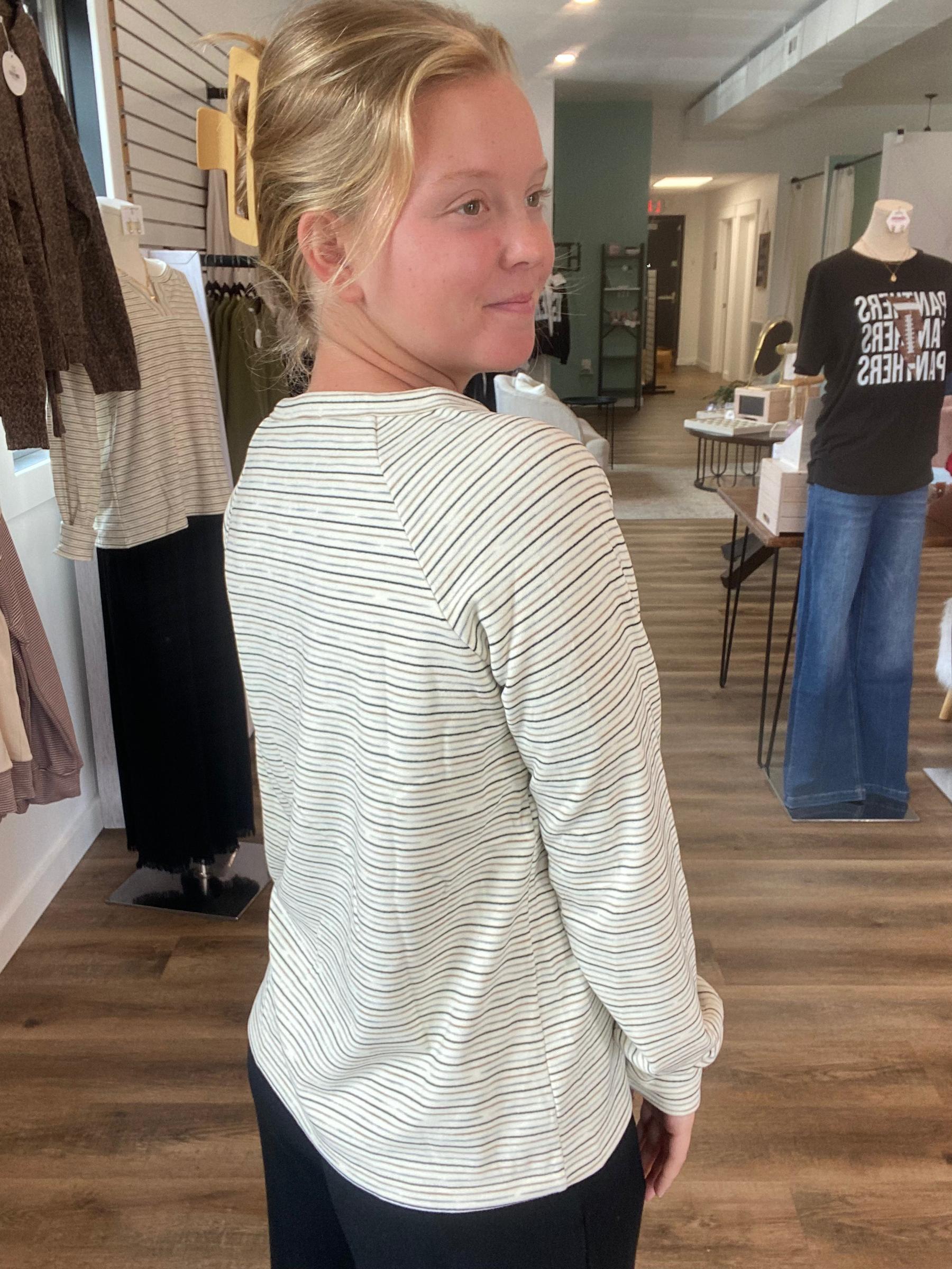 Shop Split Neck Micro Brushed Stripe Top: Ivory- at Ruby Joy Boutique, a Women's Clothing Store in Pickerington, Ohio