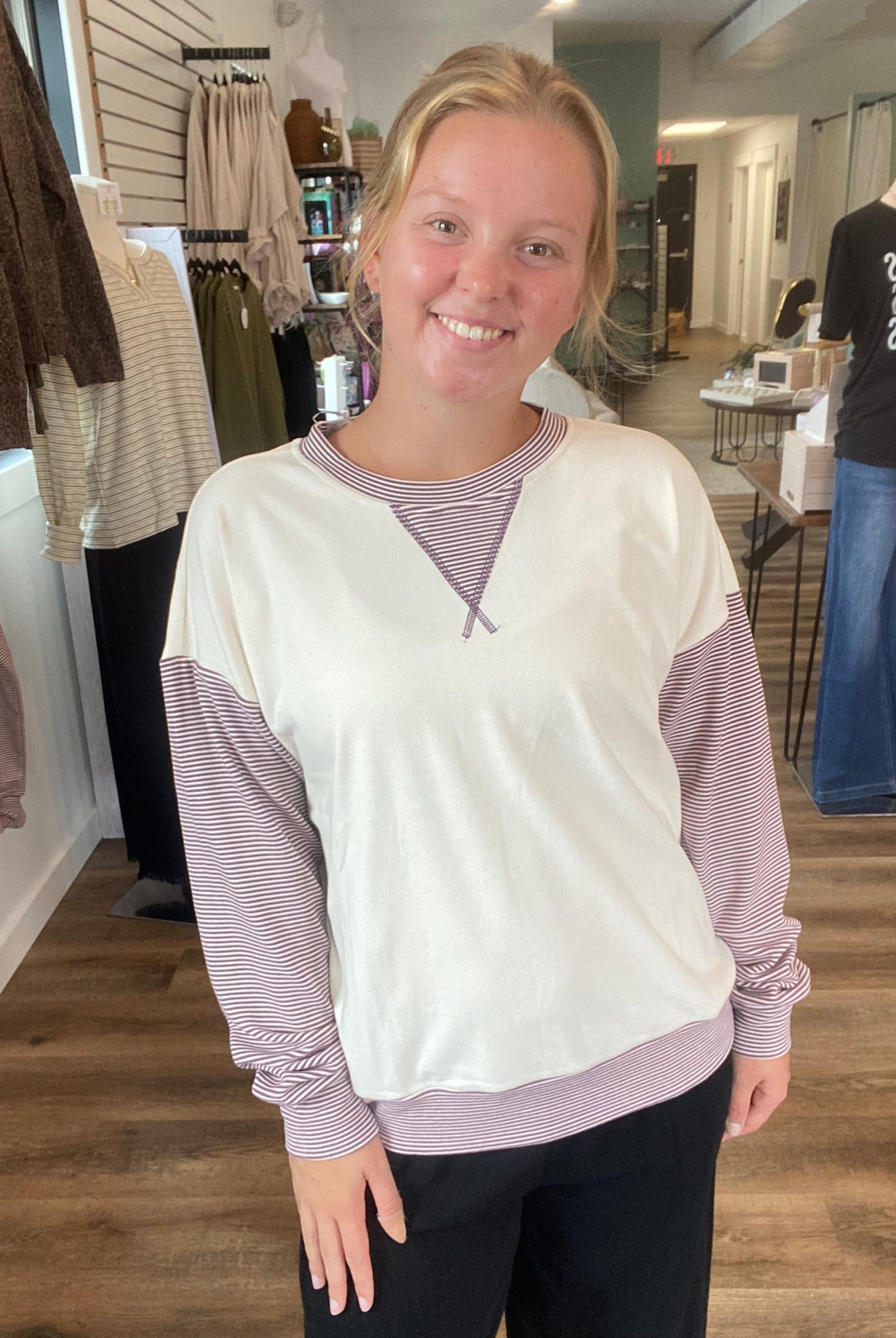 Shop Color Block Brushed Top | Purple Pinstripes- at Ruby Joy Boutique, a Women's Clothing Store in Pickerington, Ohio
