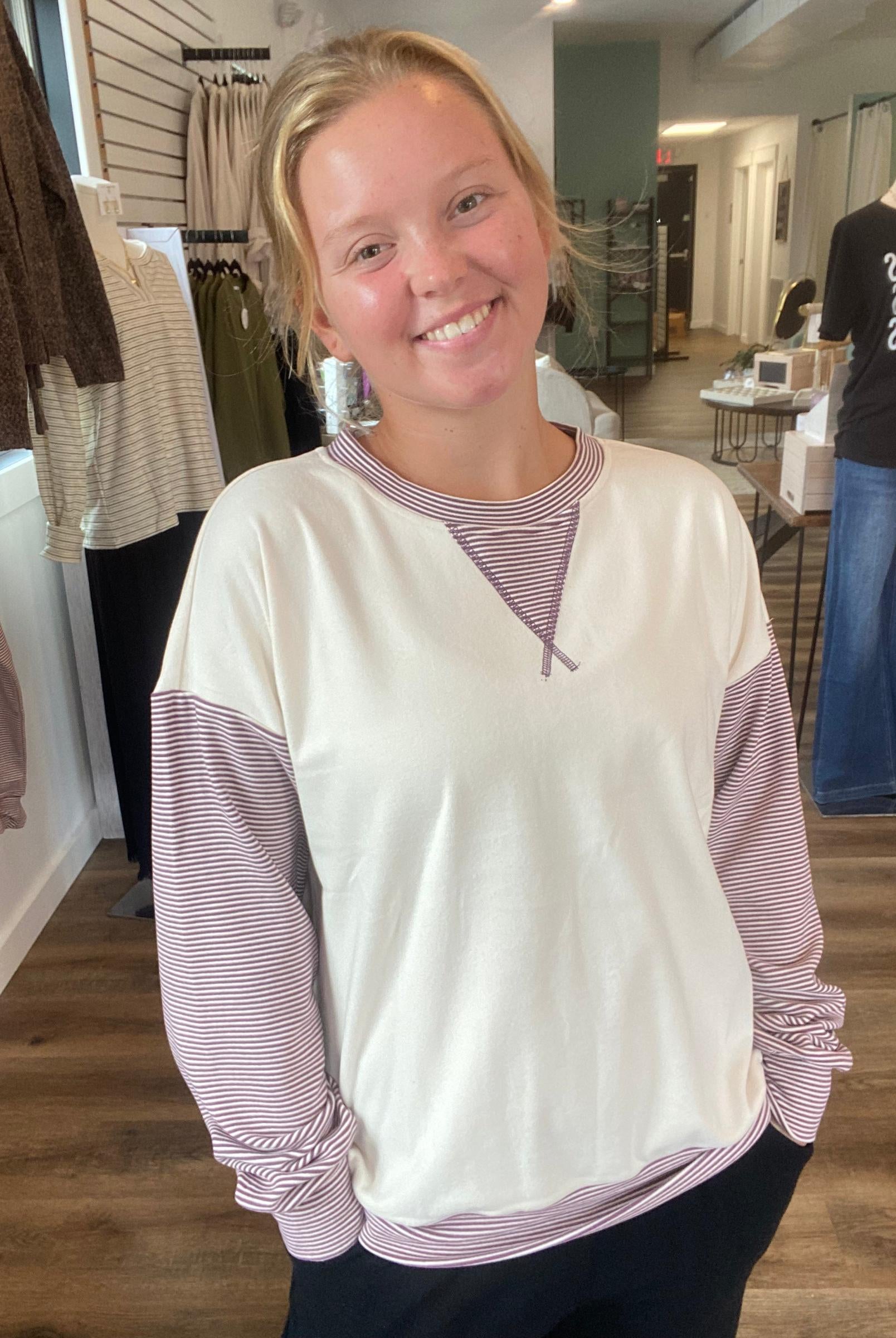 Shop Color Block Brushed Top | Purple Pinstripes- at Ruby Joy Boutique, a Women's Clothing Store in Pickerington, Ohio
