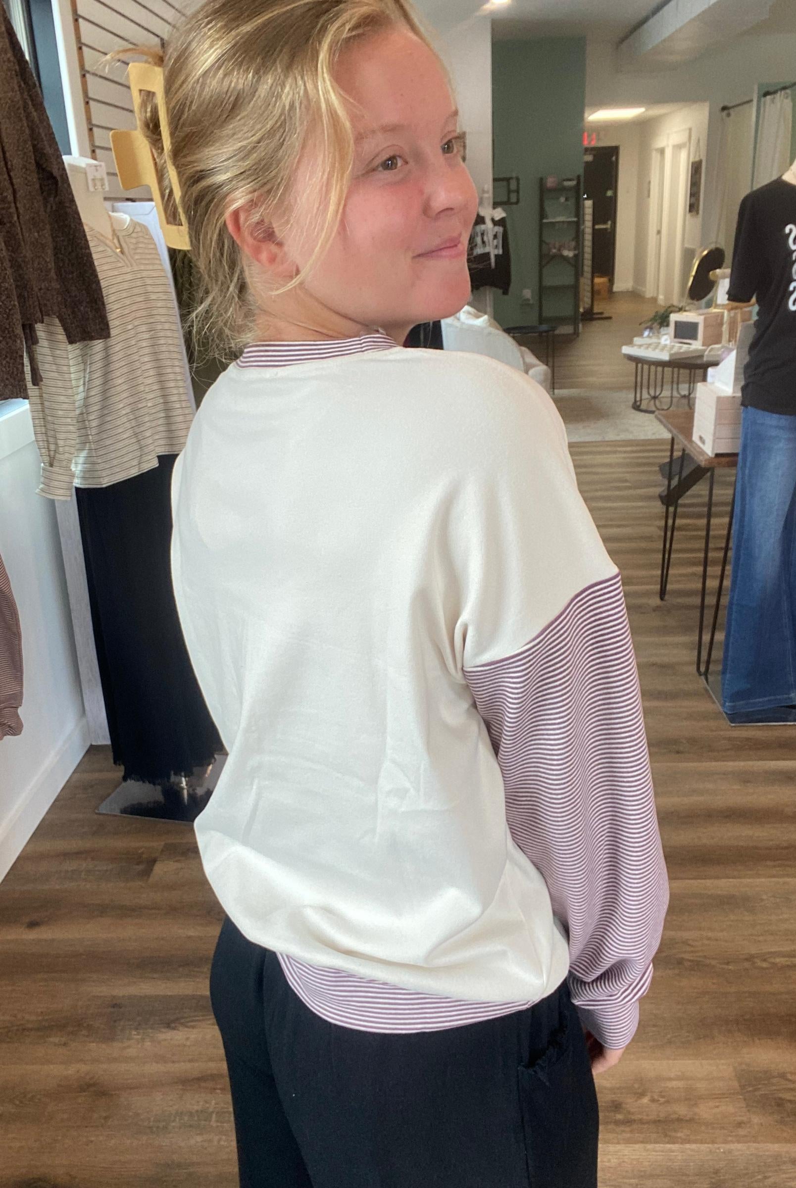 Shop Color Block Brushed Top | Purple Pinstripes- at Ruby Joy Boutique, a Women's Clothing Store in Pickerington, Ohio