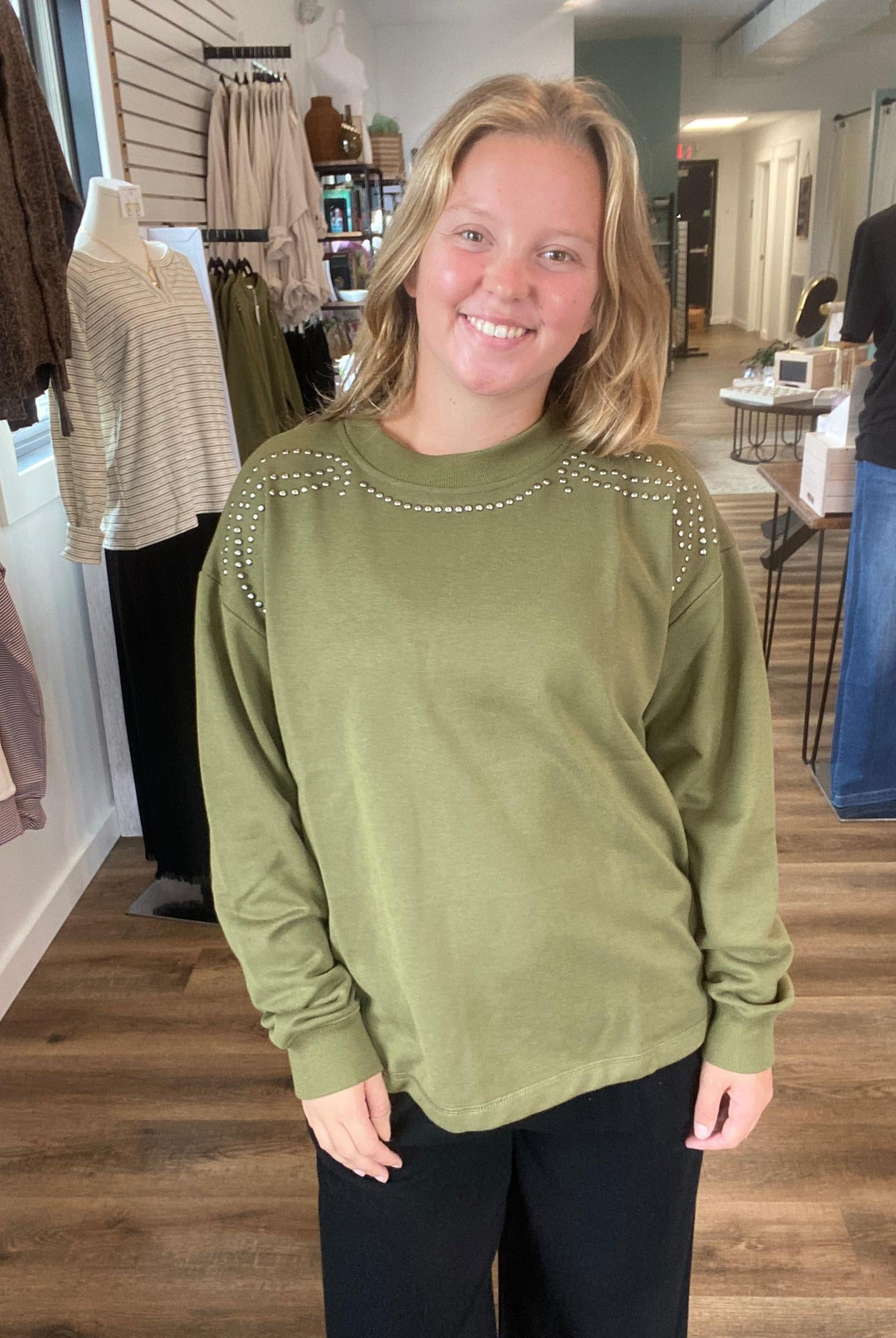Shop Stud Shoulder Sweatshirt: Olive- at Ruby Joy Boutique, a Women's Clothing Store in Pickerington, Ohio