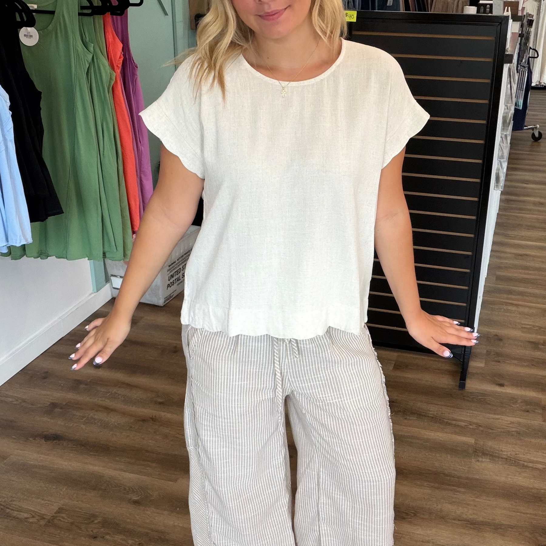 Shop Striped Wide Leg Linen Blend Pants - Tan- at Ruby Joy Boutique, a Women's Clothing Store in Pickerington, Ohio