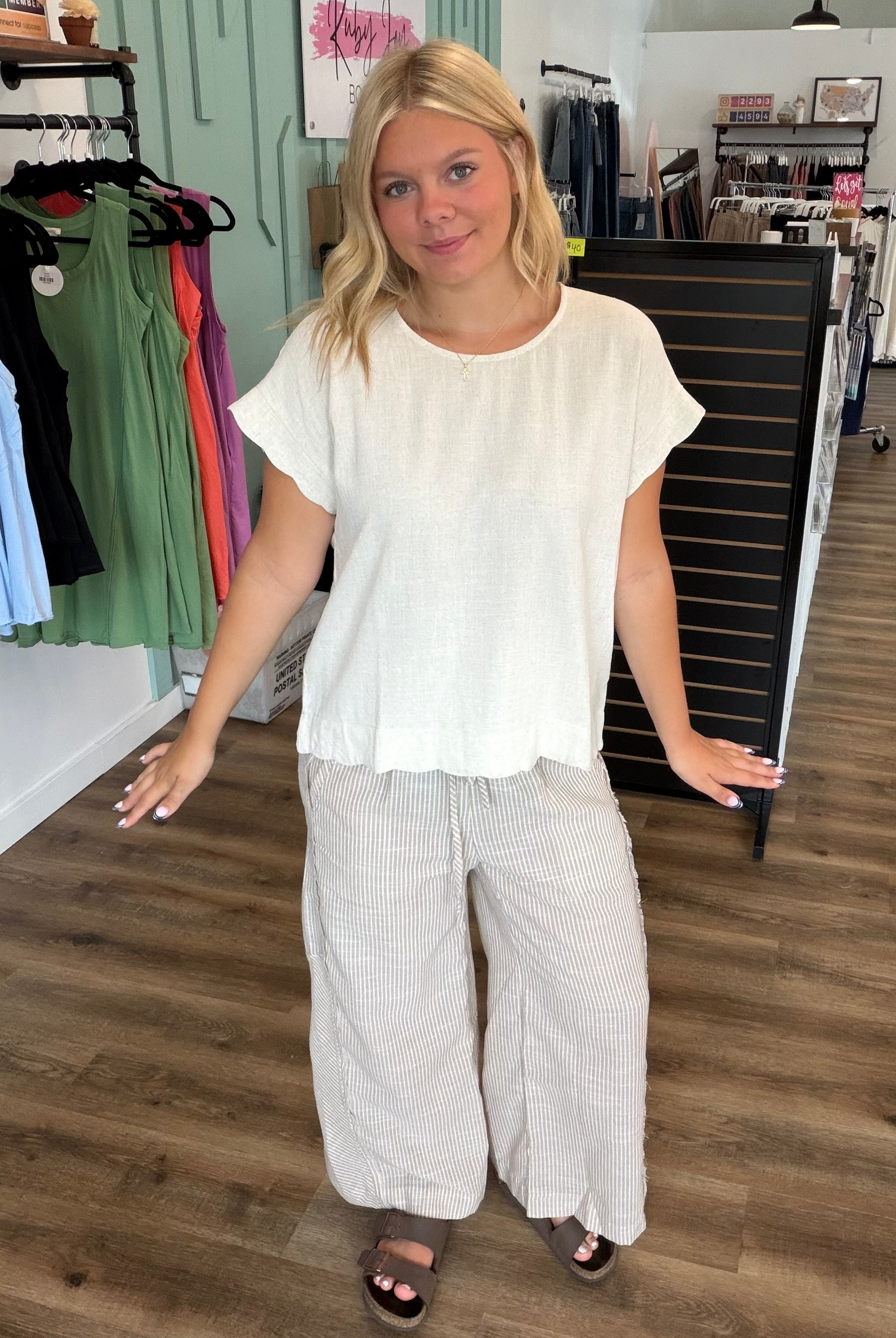 Shop Striped Wide Leg Linen Blend Pants - Tan- at Ruby Joy Boutique, a Women's Clothing Store in Pickerington, Ohio