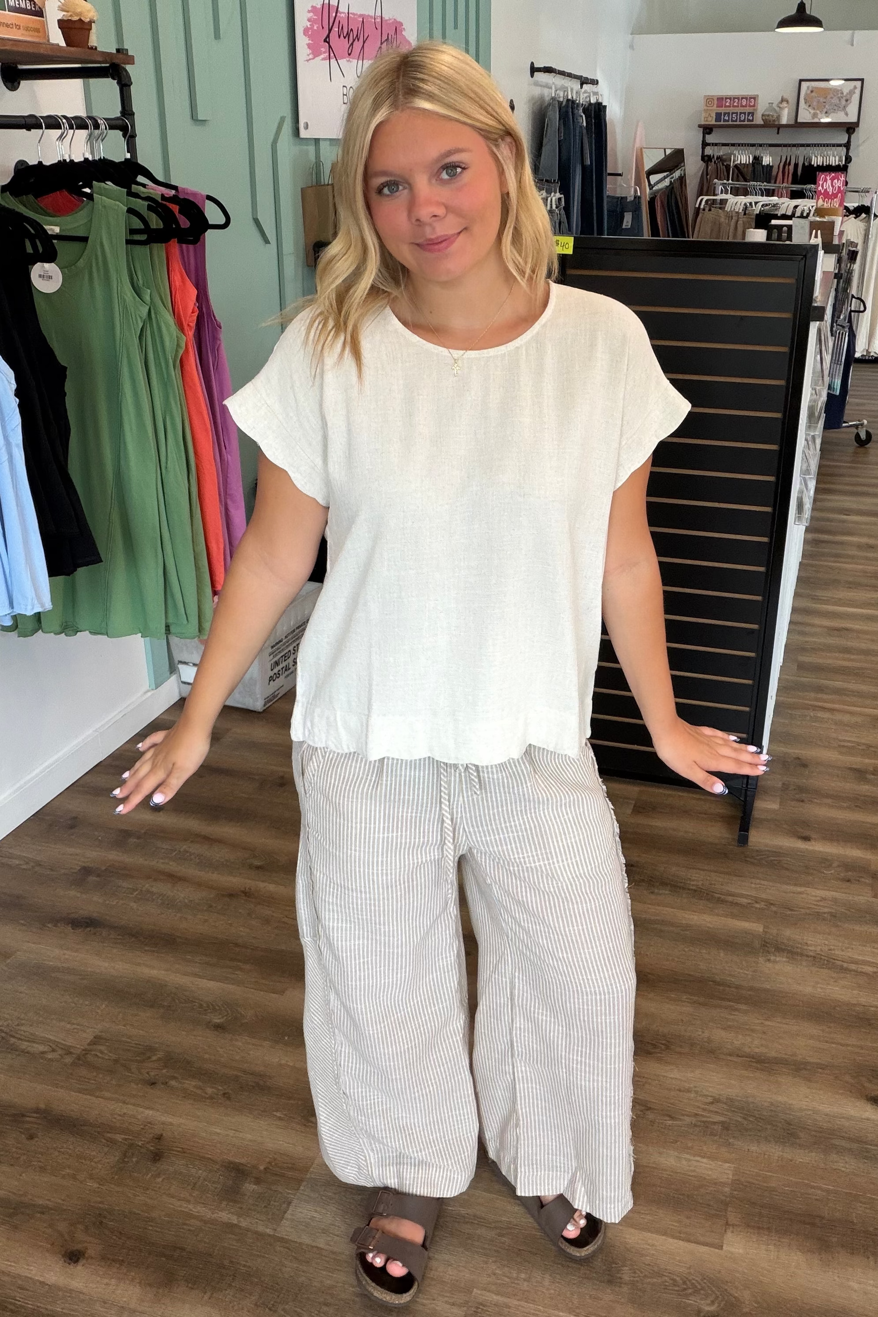 Shop Striped Wide Leg Linen Blend Pants - Tan- at Ruby Joy Boutique, a Women's Clothing Store in Pickerington, Ohio