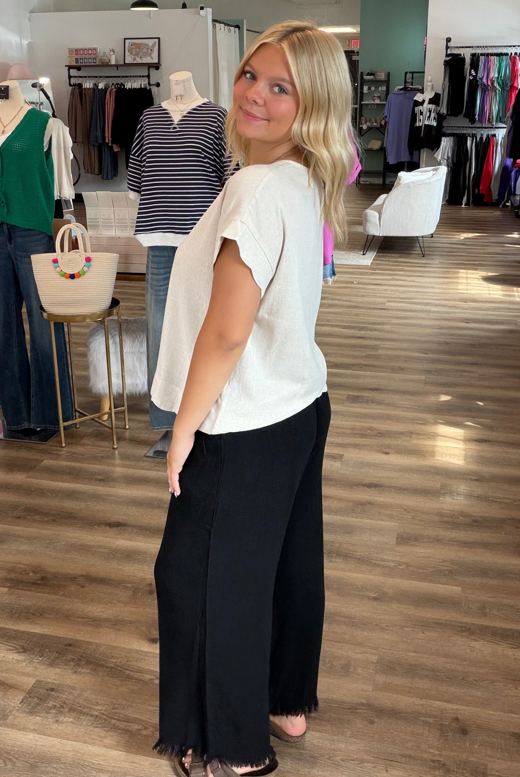 Shop Frayed Hem Wide Leg Linen Blend Pants - Black- at Ruby Joy Boutique, a Women's Clothing Store in Pickerington, Ohio