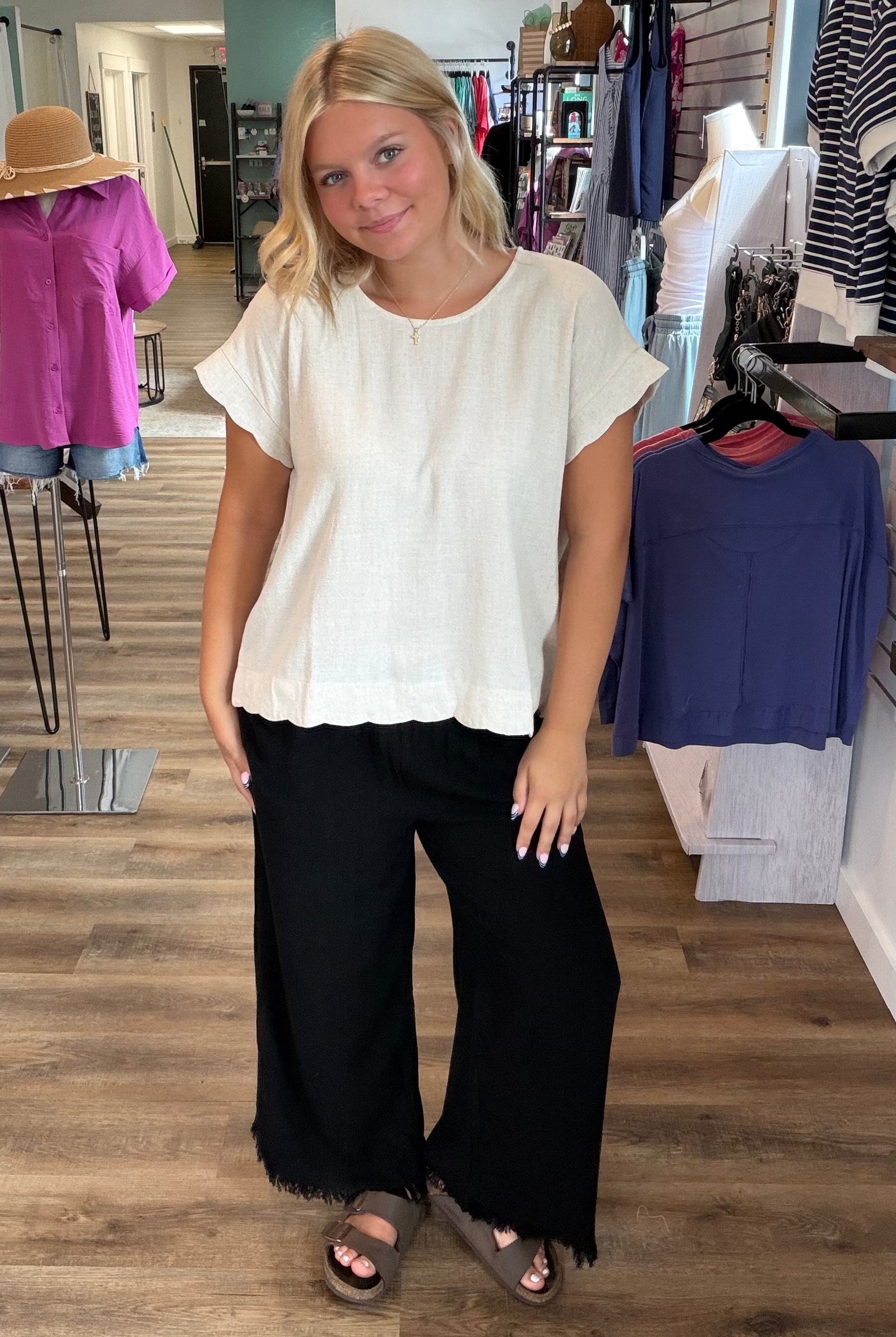Shop Frayed Hem Wide Leg Linen Blend Pants - Black- at Ruby Joy Boutique, a Women's Clothing Store in Pickerington, Ohio