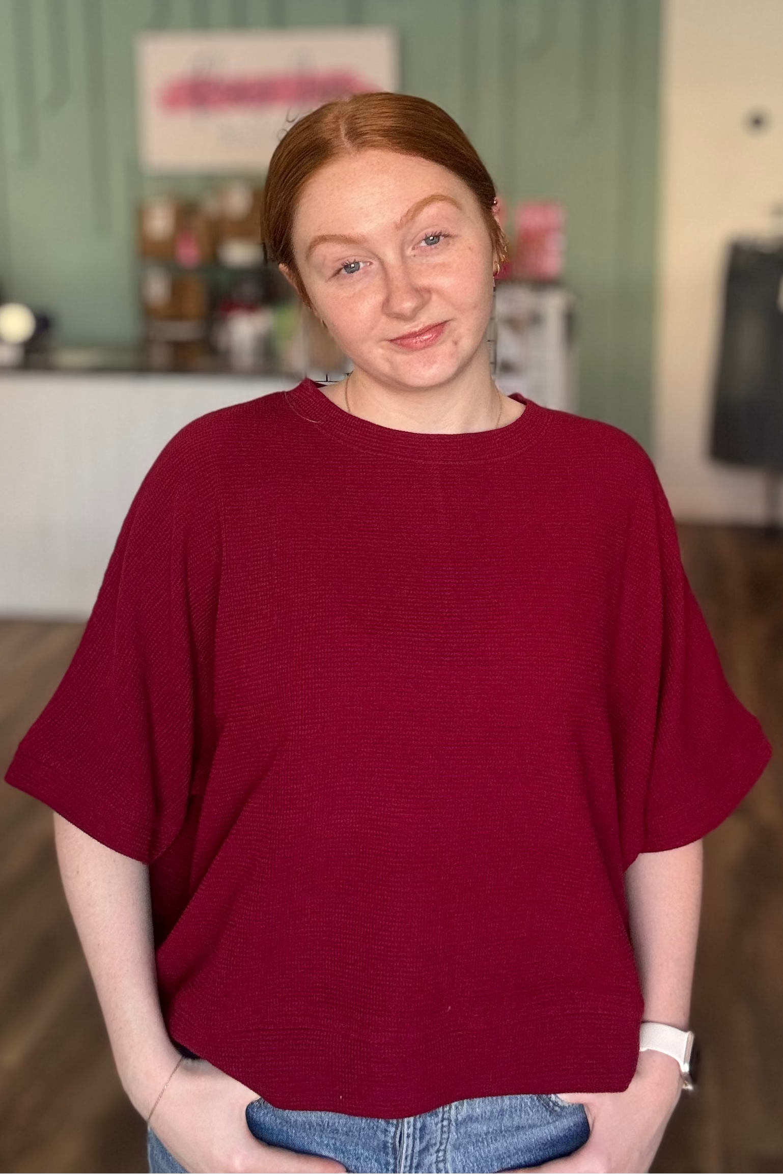 Shop Baby Waffle Knit Boxy Top - Cabernet- at Ruby Joy Boutique, a Women's Clothing Store in Pickerington, Ohio