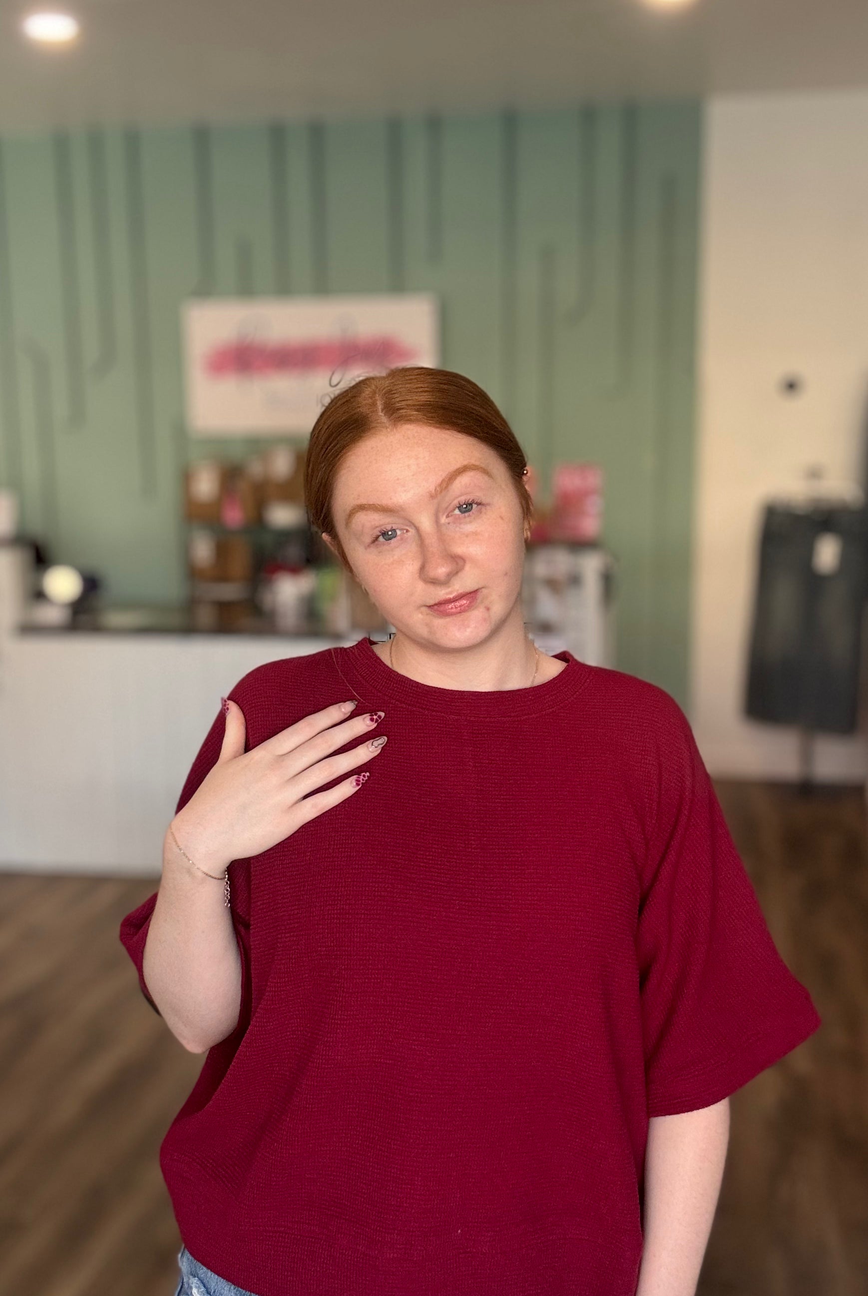 Shop Baby Waffle Knit Boxy Top - Cabernet- at Ruby Joy Boutique, a Women's Clothing Store in Pickerington, Ohio