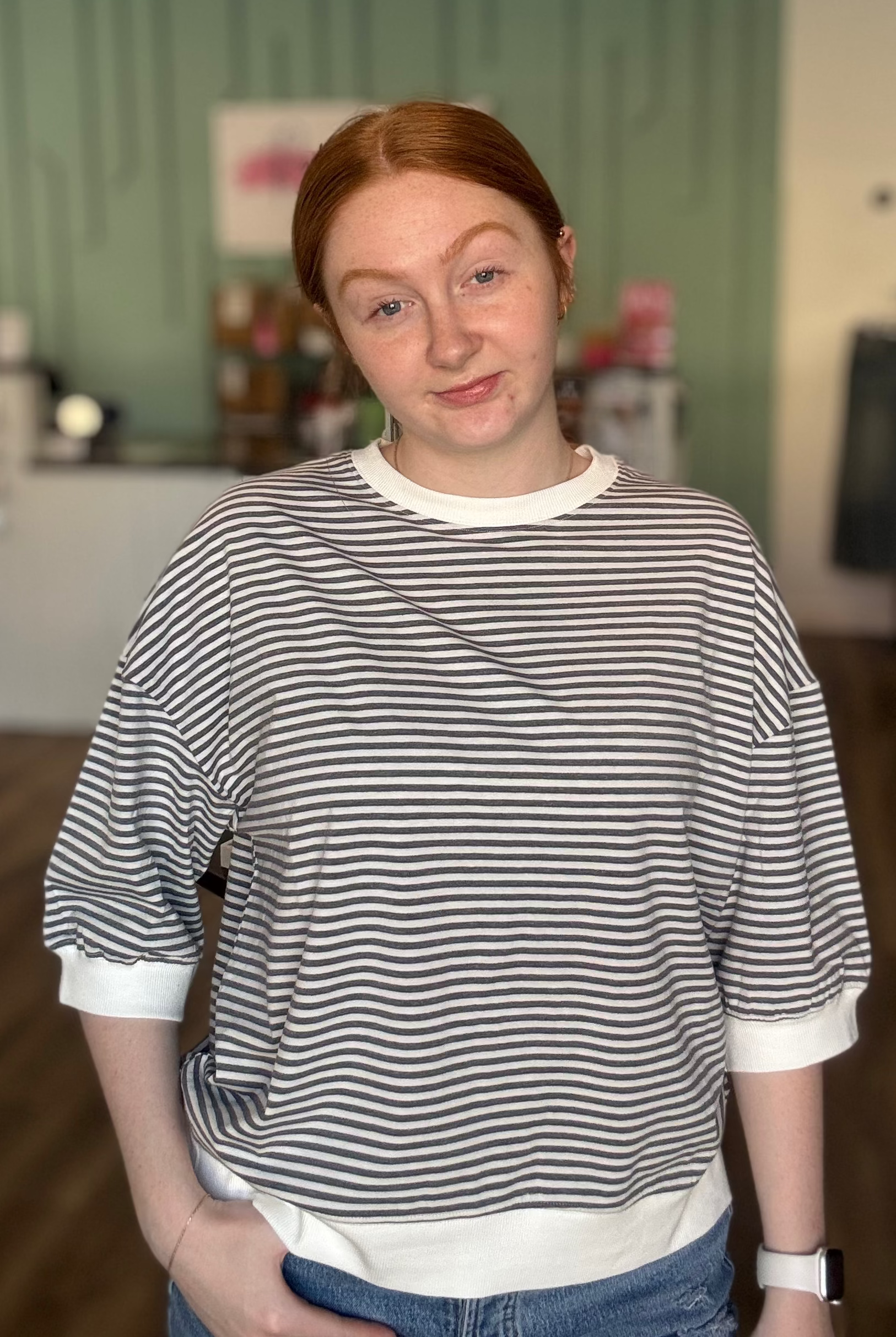 Shop Charcoal Striped Half-Sleeve Top- at Ruby Joy Boutique, a Women's Clothing Store in Pickerington, Ohio