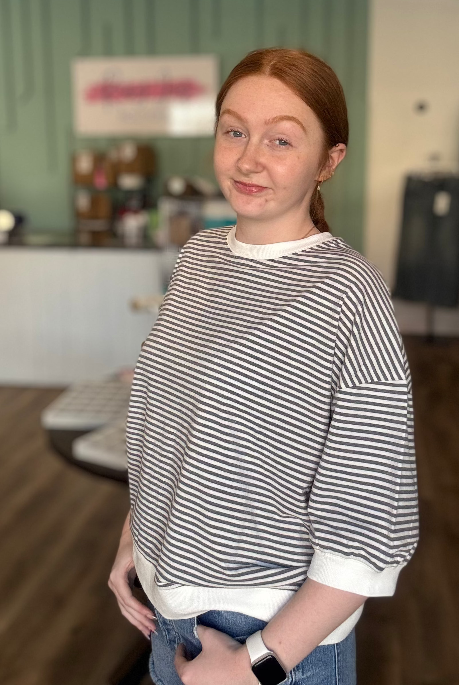 Shop Charcoal Striped Half-Sleeve Top- at Ruby Joy Boutique, a Women's Clothing Store in Pickerington, Ohio