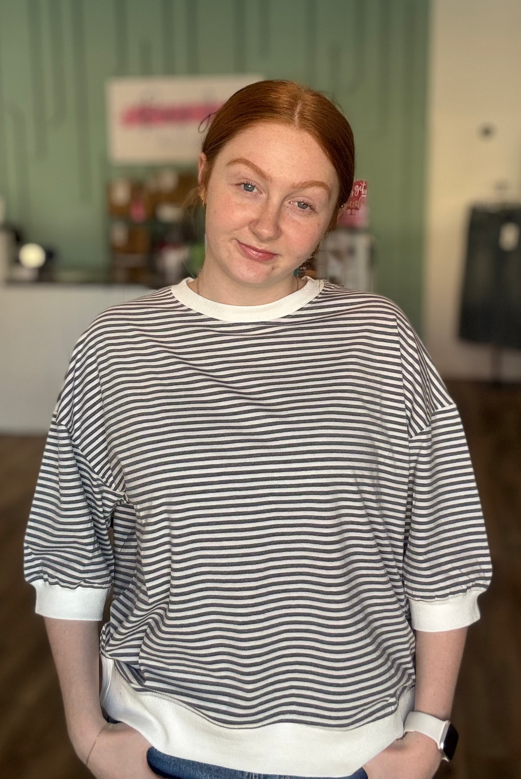 Shop Charcoal Striped Half-Sleeve Top- at Ruby Joy Boutique, a Women's Clothing Store in Pickerington, Ohio