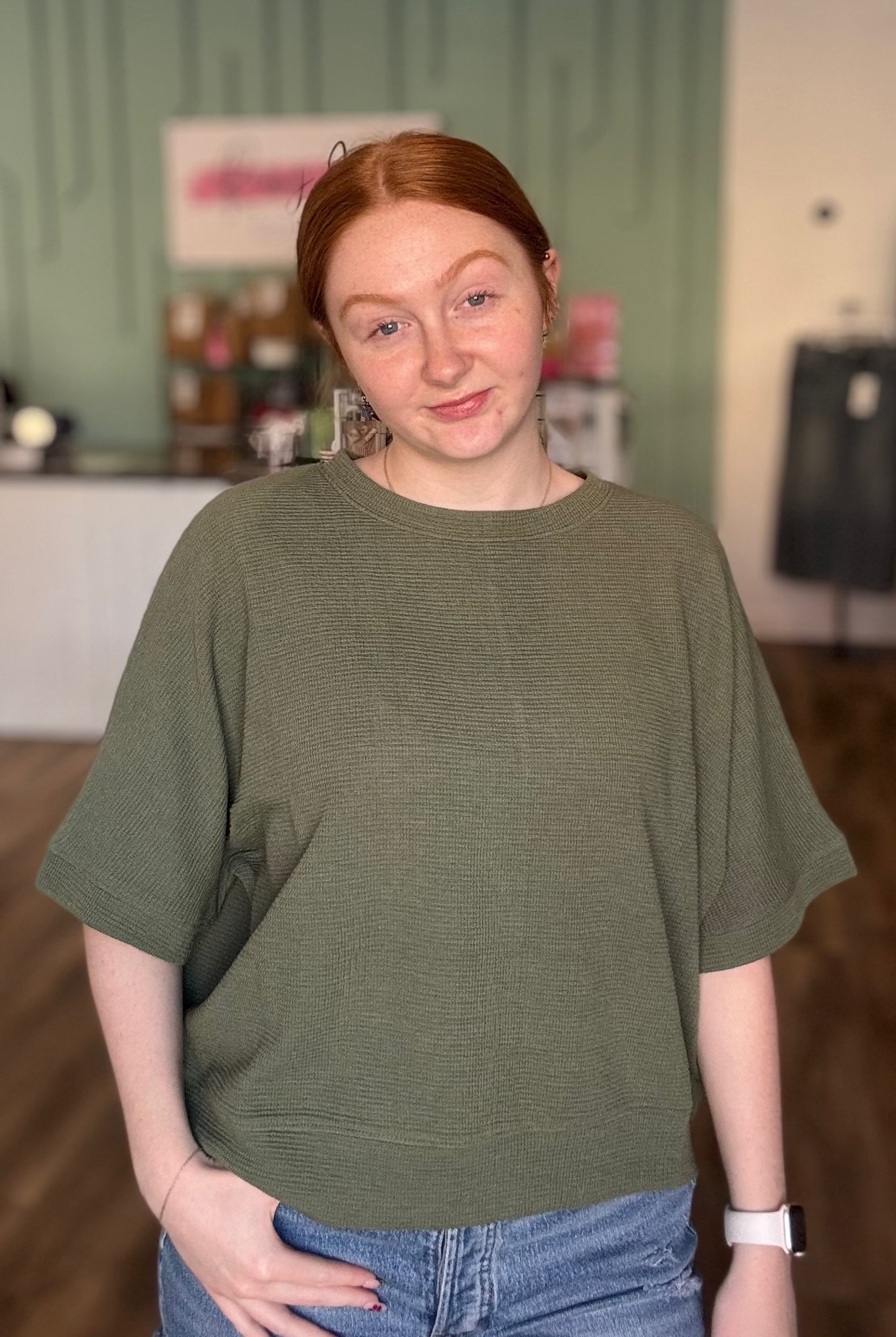 Shop Baby Waffle Knit Boxy Top - Light Olive- at Ruby Joy Boutique, a Women's Clothing Store in Pickerington, Ohio