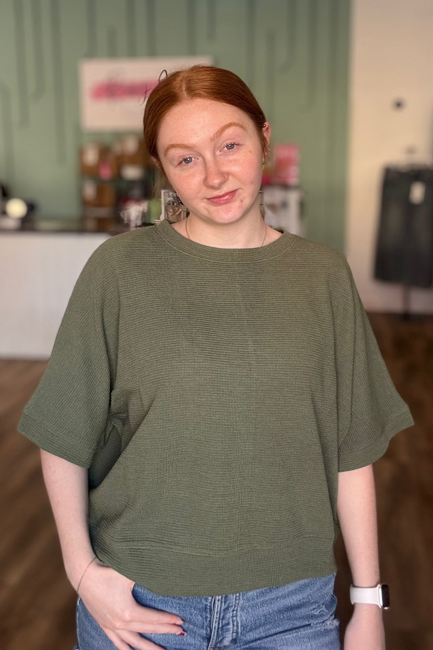 Shop Baby Waffle Knit Boxy Top - Light Olive- at Ruby Joy Boutique, a Women's Clothing Store in Pickerington, Ohio
