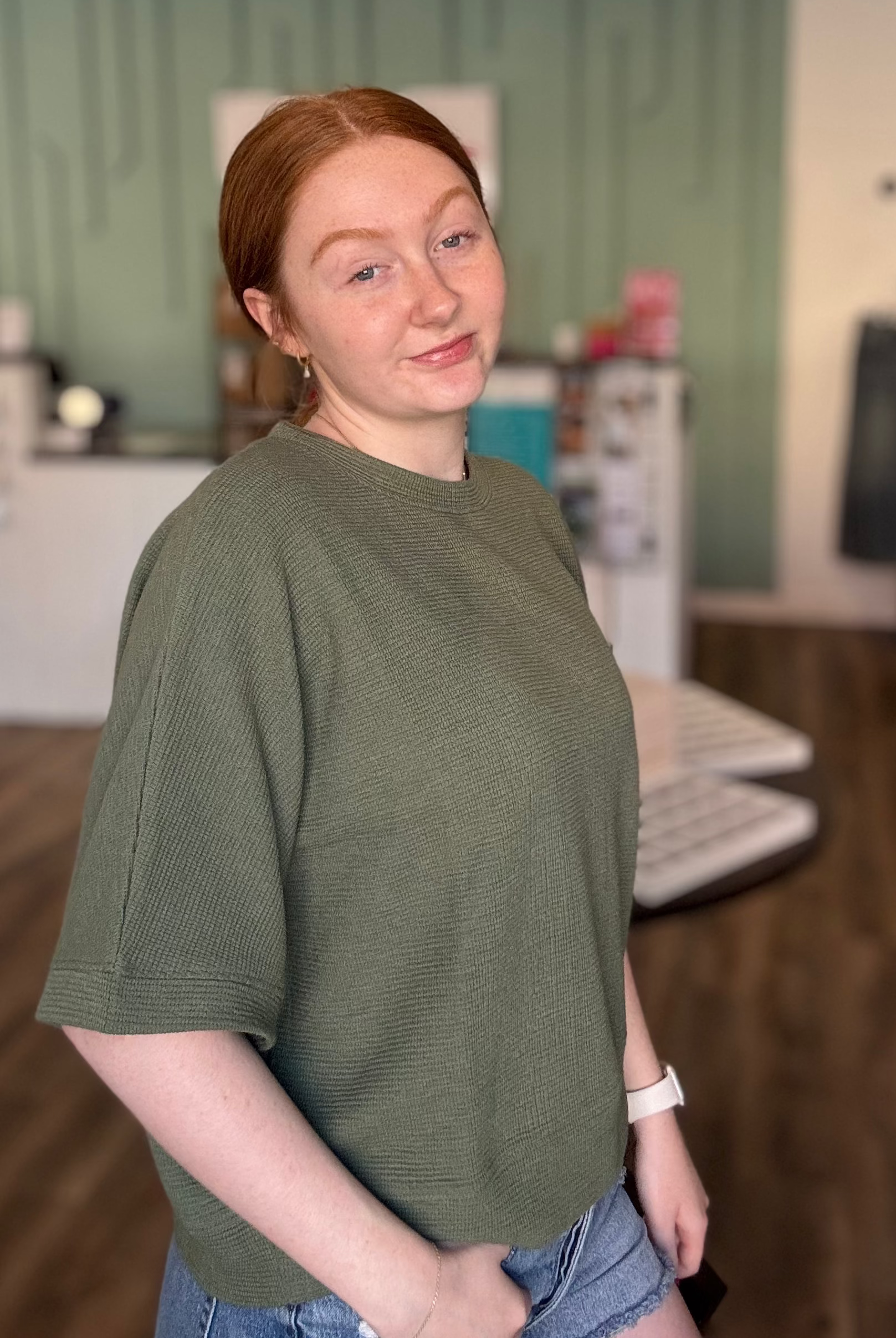 Shop Baby Waffle Knit Boxy Top - Light Olive- at Ruby Joy Boutique, a Women's Clothing Store in Pickerington, Ohio