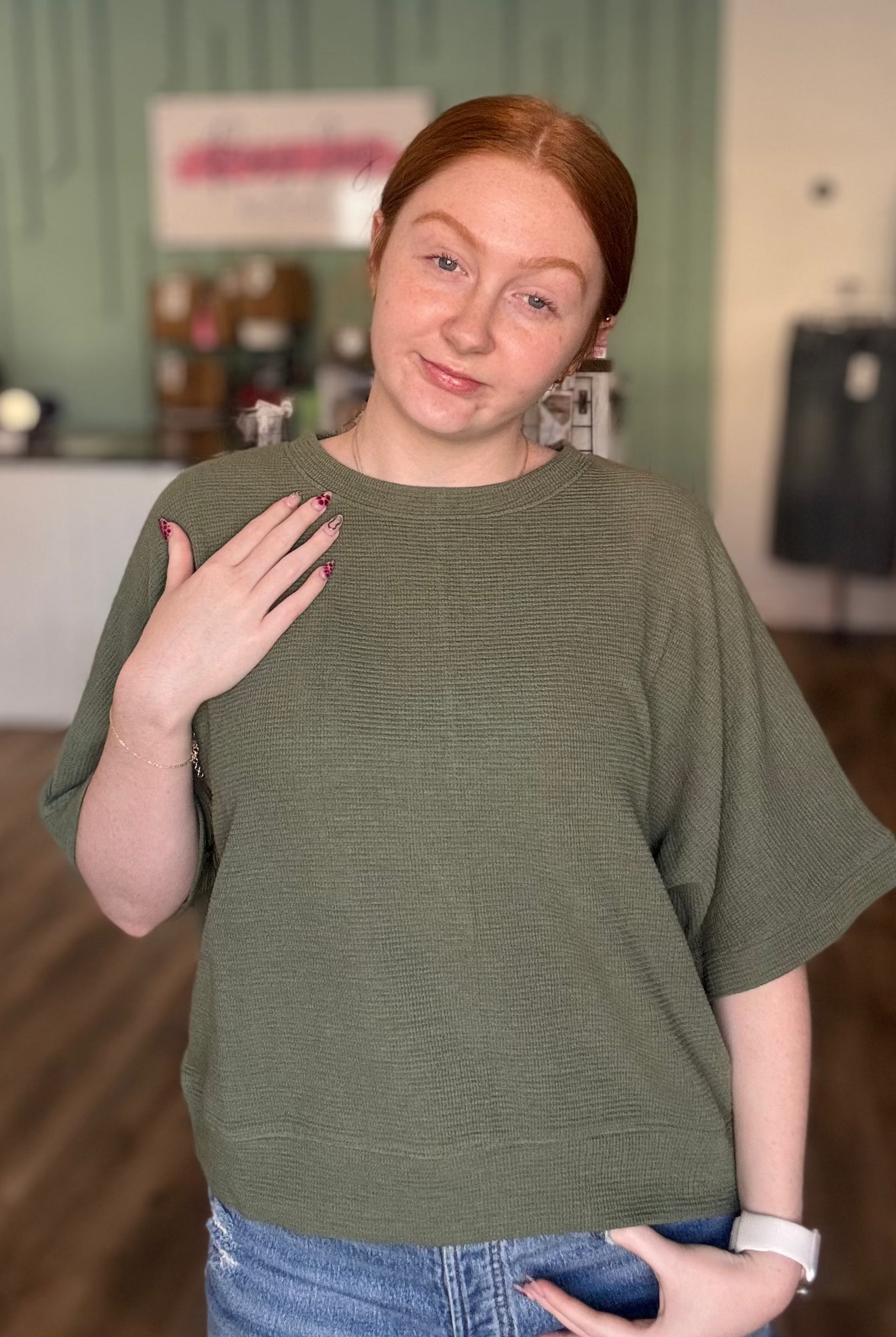 Shop Baby Waffle Knit Boxy Top - Light Olive- at Ruby Joy Boutique, a Women's Clothing Store in Pickerington, Ohio