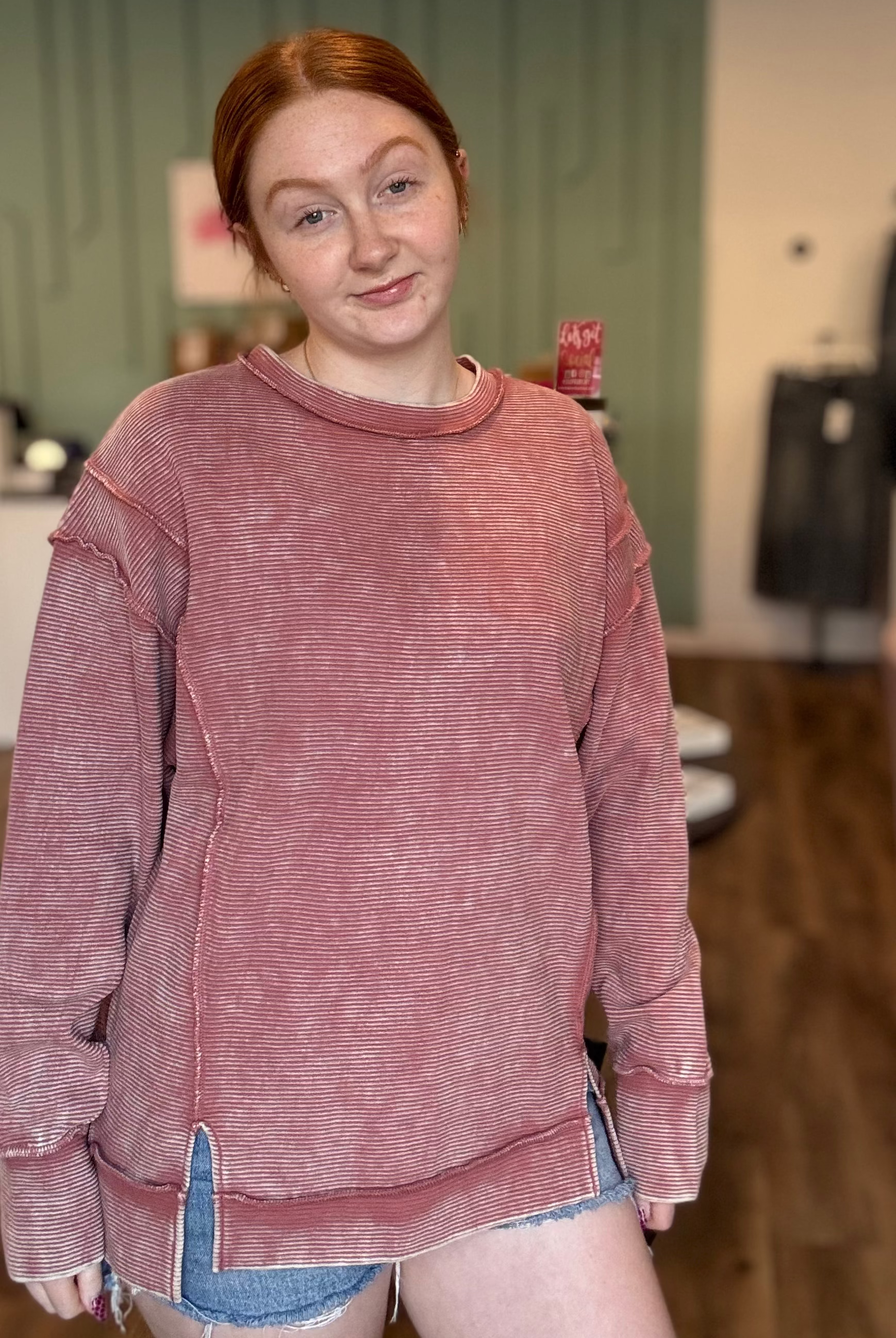 Shop Double Ribbed Washed Pullover - Winter Rose- at Ruby Joy Boutique, a Women's Clothing Store in Pickerington, Ohio