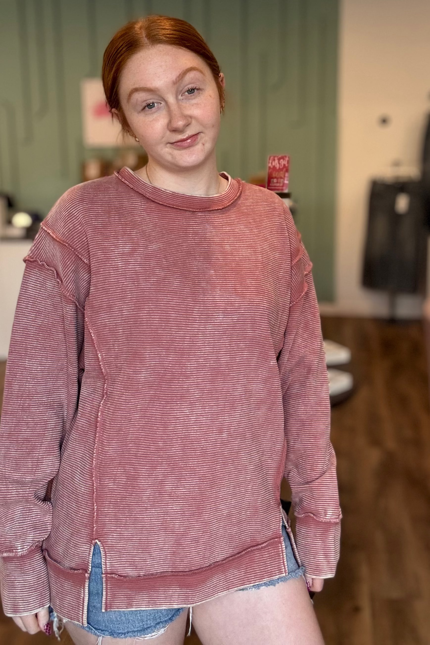 Shop Double Ribbed Washed Pullover - Winter Rose- at Ruby Joy Boutique, a Women's Clothing Store in Pickerington, Ohio