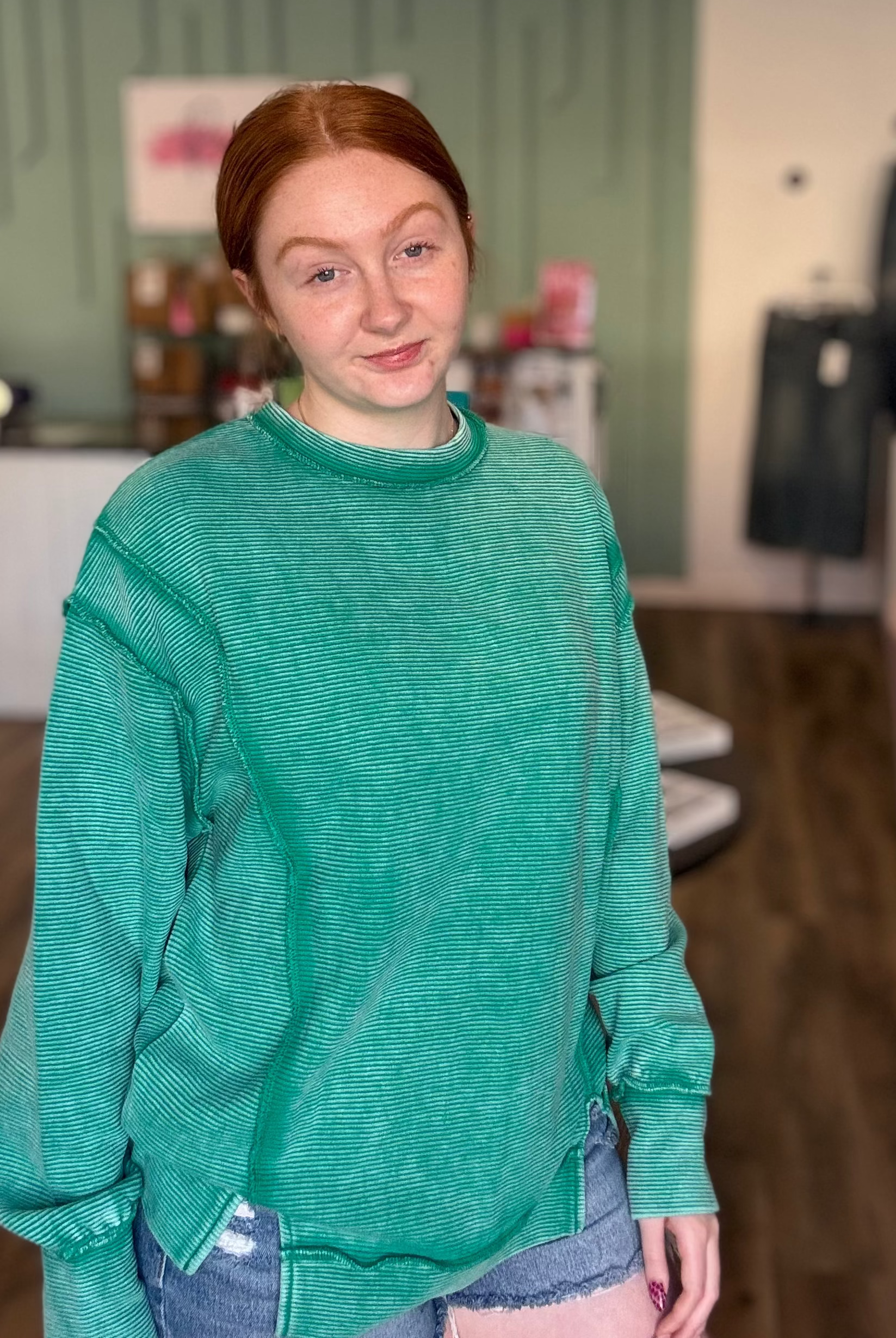 Shop Double Ribbed Washed Pullover - Emerald Green- at Ruby Joy Boutique, a Women's Clothing Store in Pickerington, Ohio