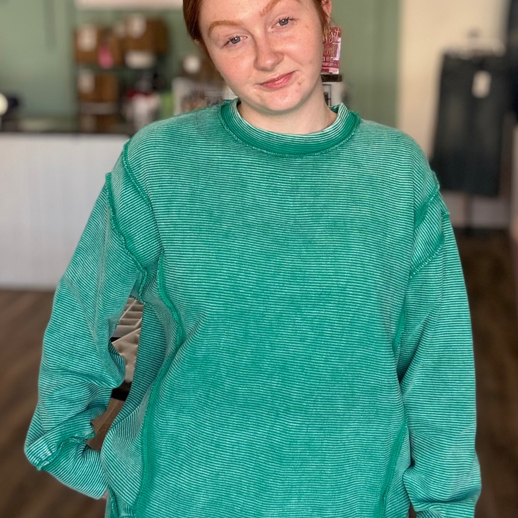 Shop Double Ribbed Washed Pullover - Emerald Green- at Ruby Joy Boutique, a Women's Clothing Store in Pickerington, Ohio