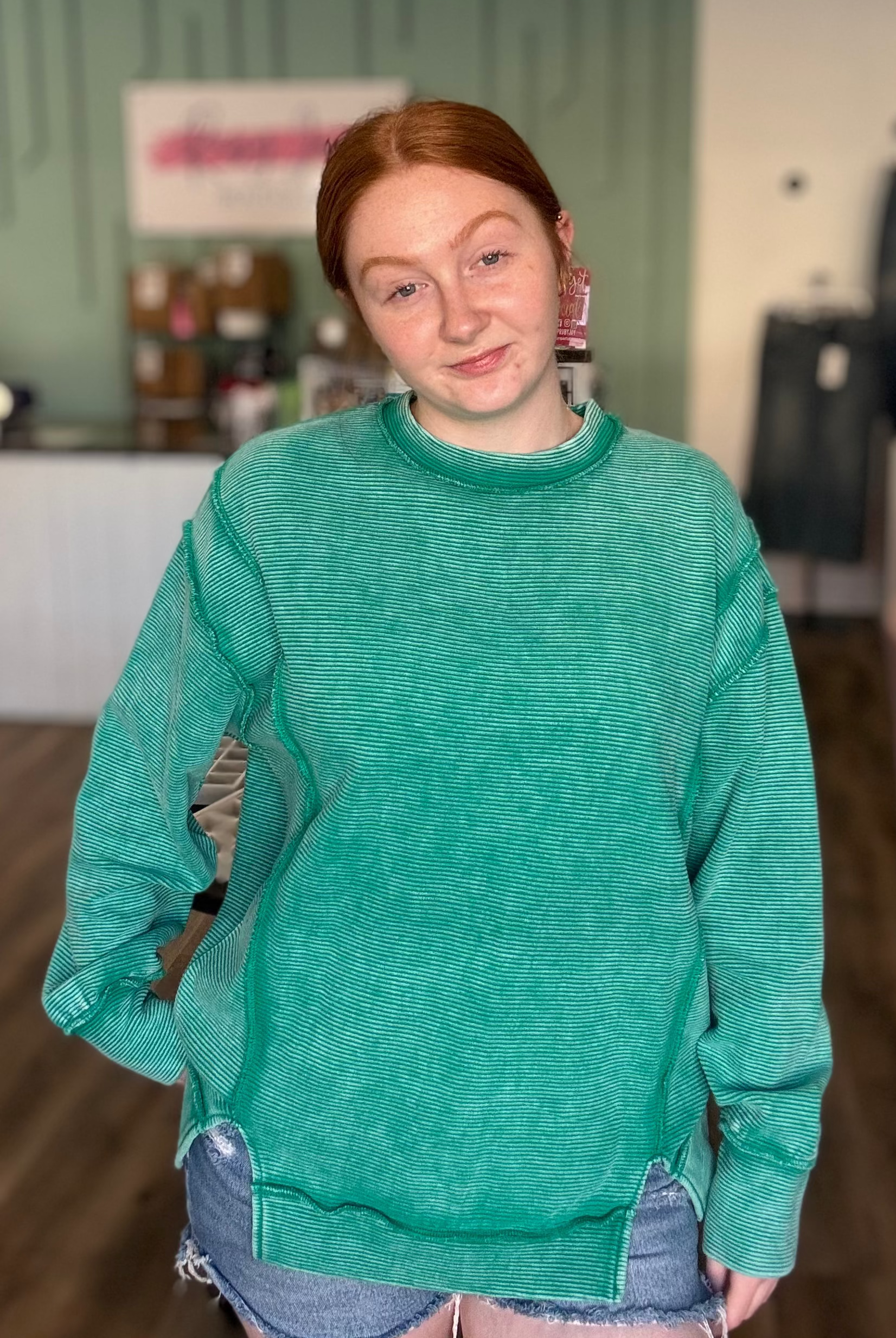 Shop Double Ribbed Washed Pullover - Emerald Green- at Ruby Joy Boutique, a Women's Clothing Store in Pickerington, Ohio