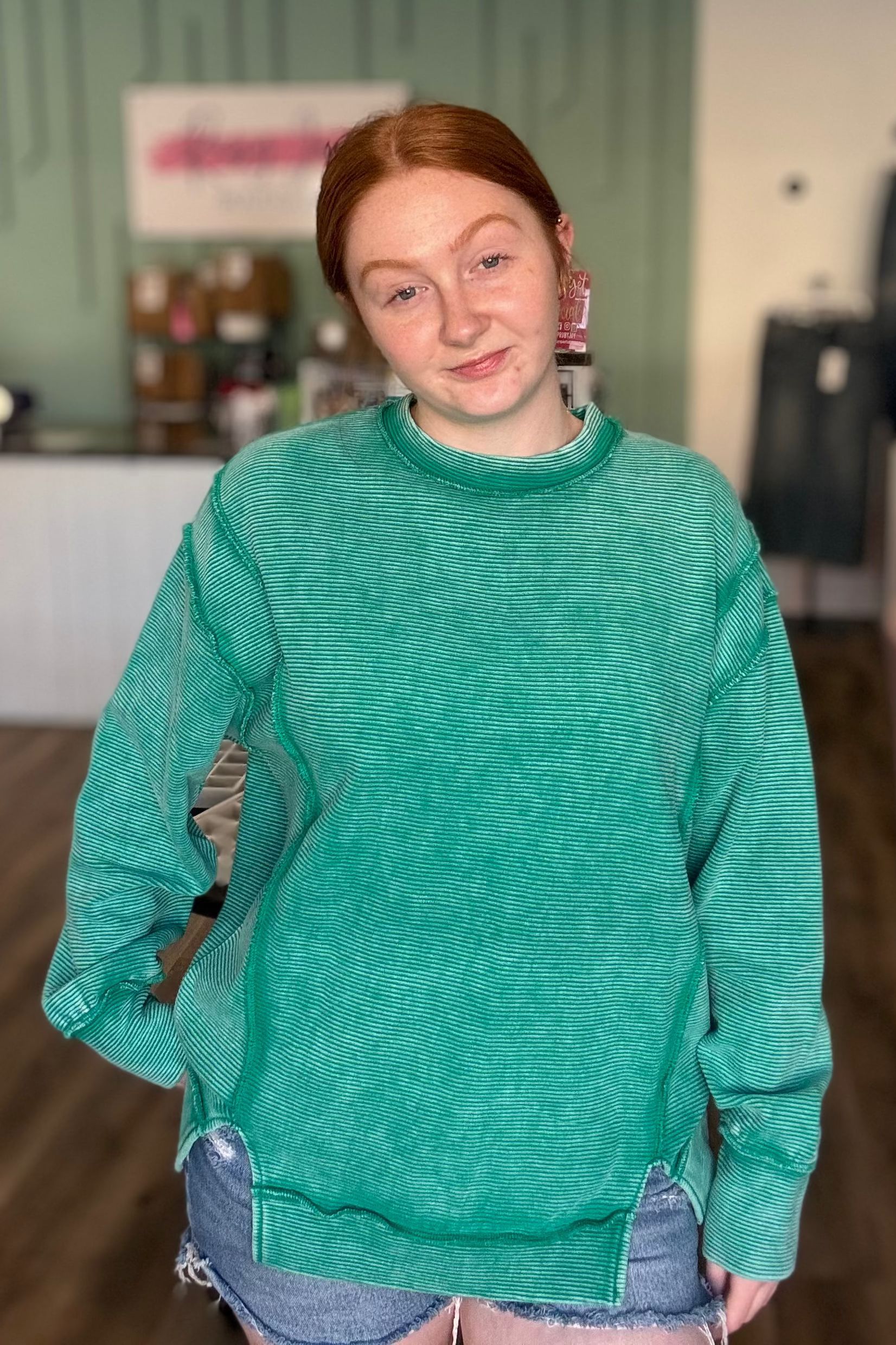 Shop Double Ribbed Washed Pullover - Emerald Green- at Ruby Joy Boutique, a Women's Clothing Store in Pickerington, Ohio