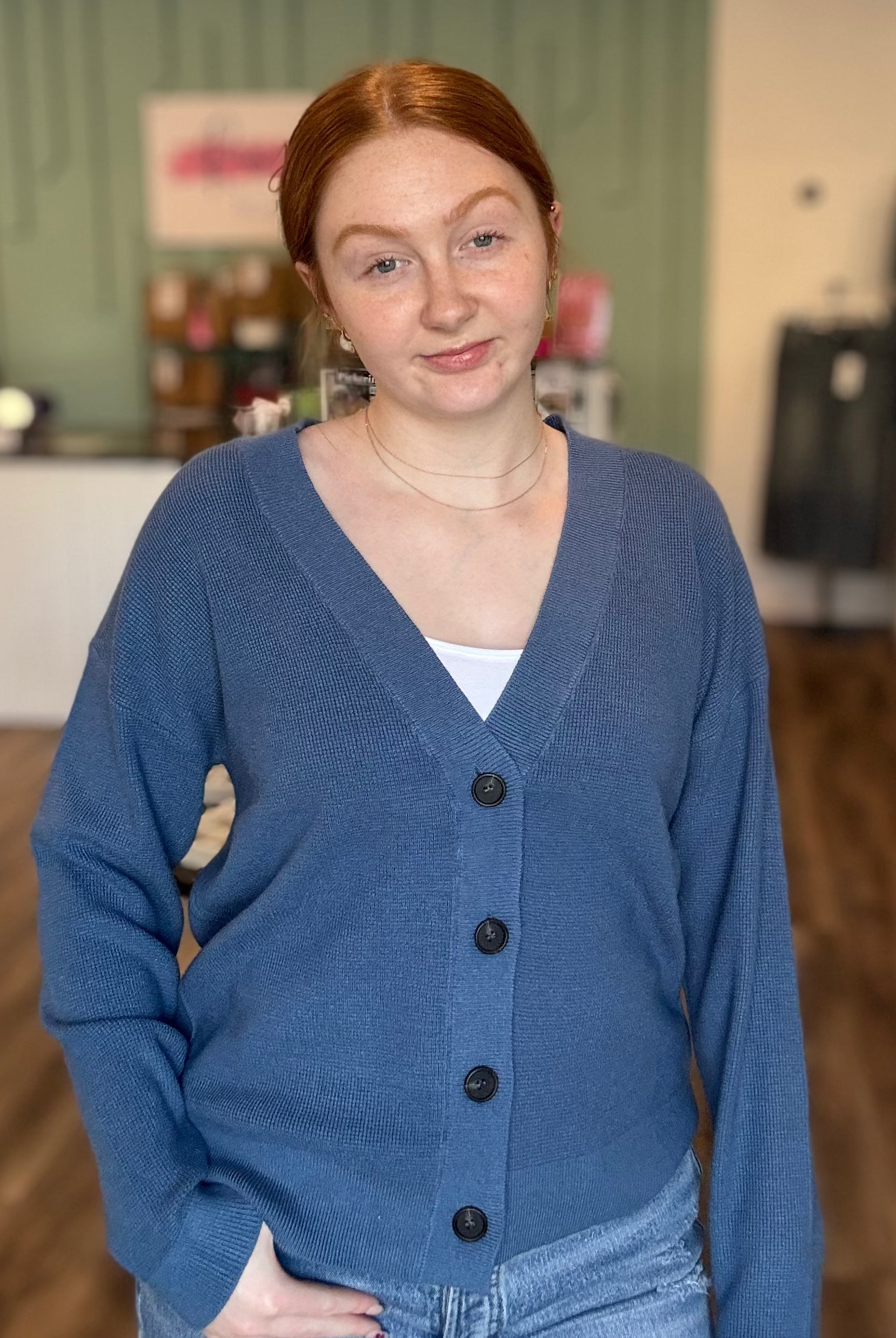Shop Baby Waffle Knit Button Front Cardigan - Dusty Blue- at Ruby Joy Boutique, a Women's Clothing Store in Pickerington, Ohio