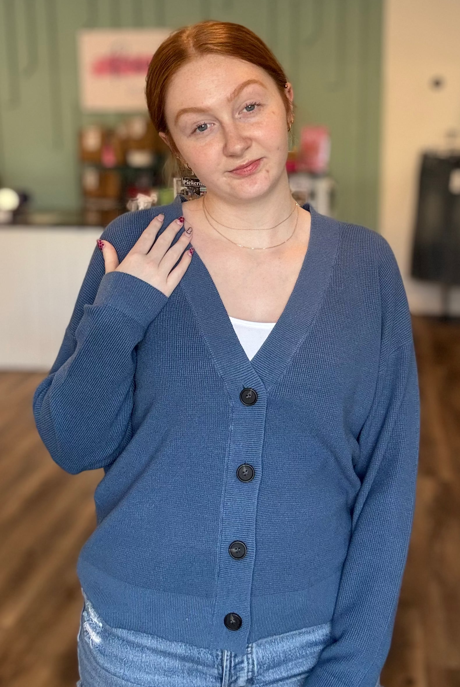 Shop Baby Waffle Knit Button Front Cardigan - Dusty Blue- at Ruby Joy Boutique, a Women's Clothing Store in Pickerington, Ohio