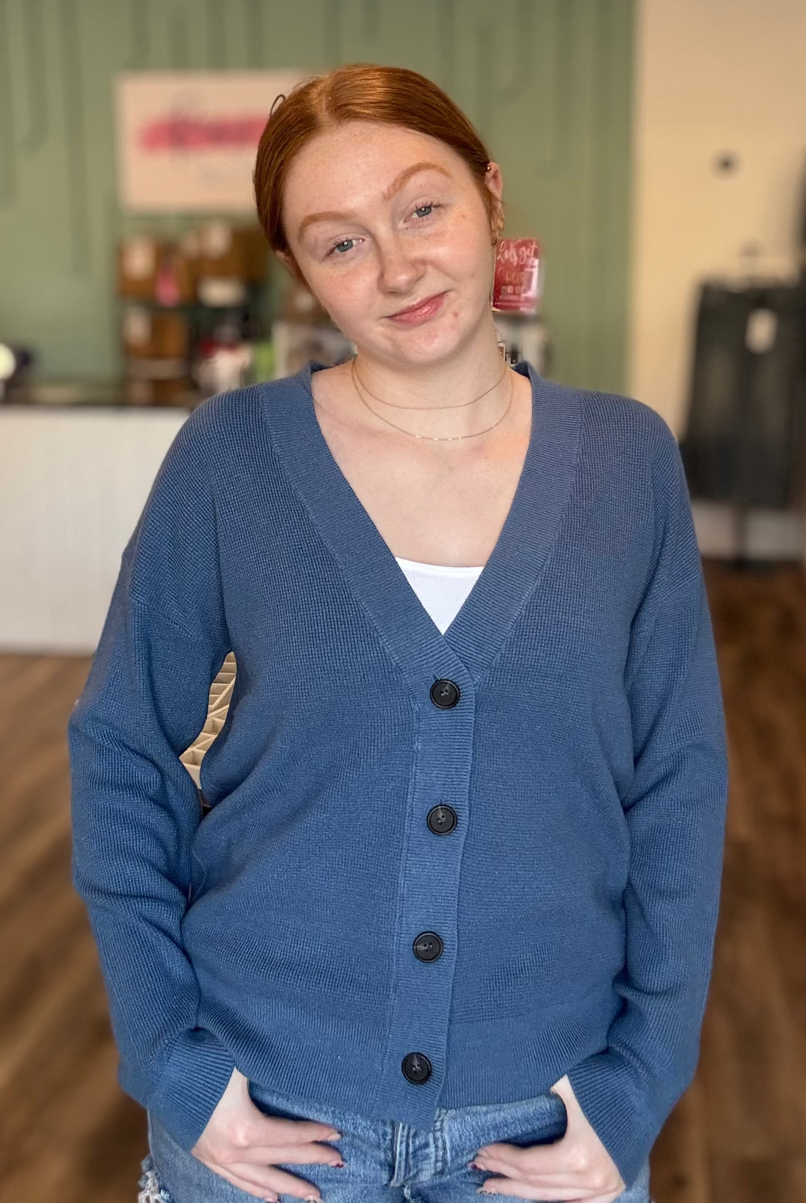 Shop Baby Waffle Knit Button Front Cardigan - Dusty Blue- at Ruby Joy Boutique, a Women's Clothing Store in Pickerington, Ohio