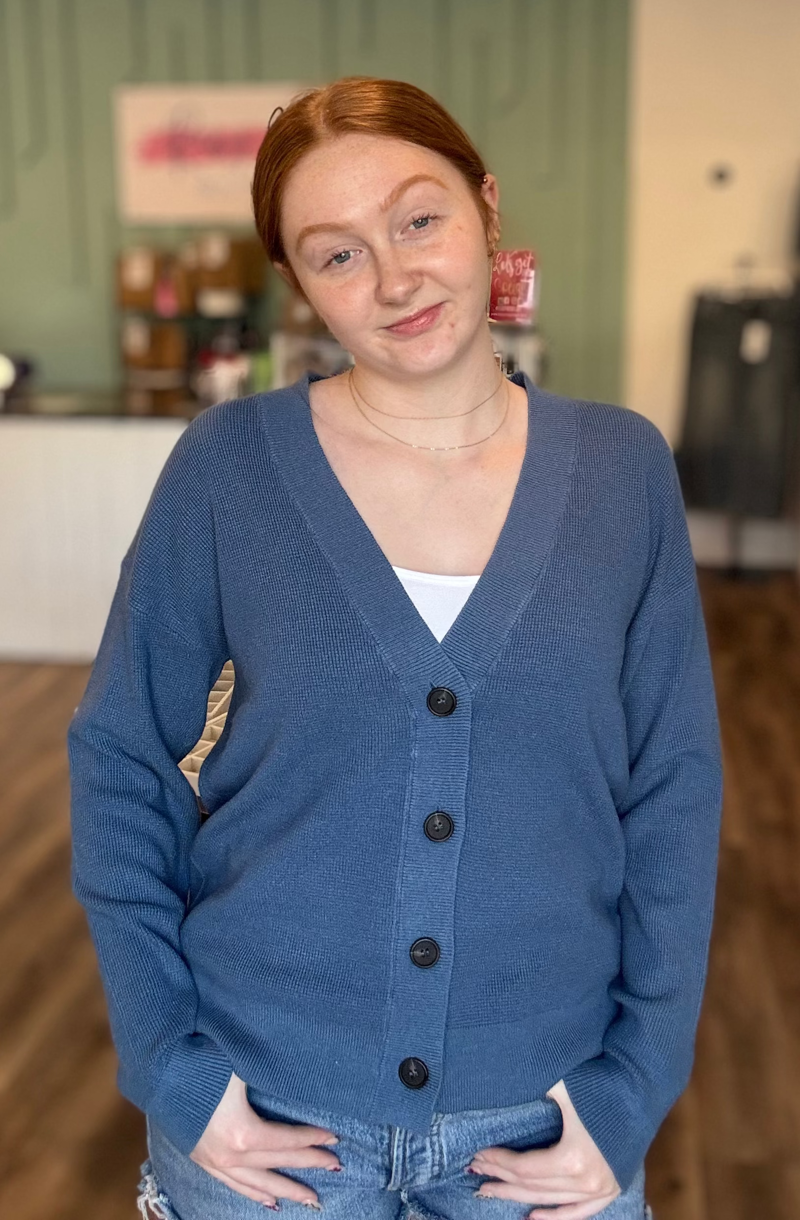 Shop Baby Waffle Knit Button Front Cardigan - Dusty Blue- at Ruby Joy Boutique, a Women's Clothing Store in Pickerington, Ohio