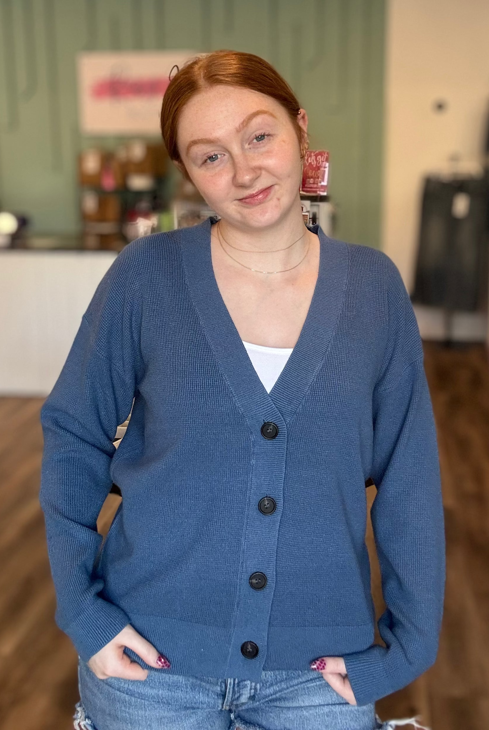 Shop Baby Waffle Knit Button Front Cardigan - Dusty Blue- at Ruby Joy Boutique, a Women's Clothing Store in Pickerington, Ohio