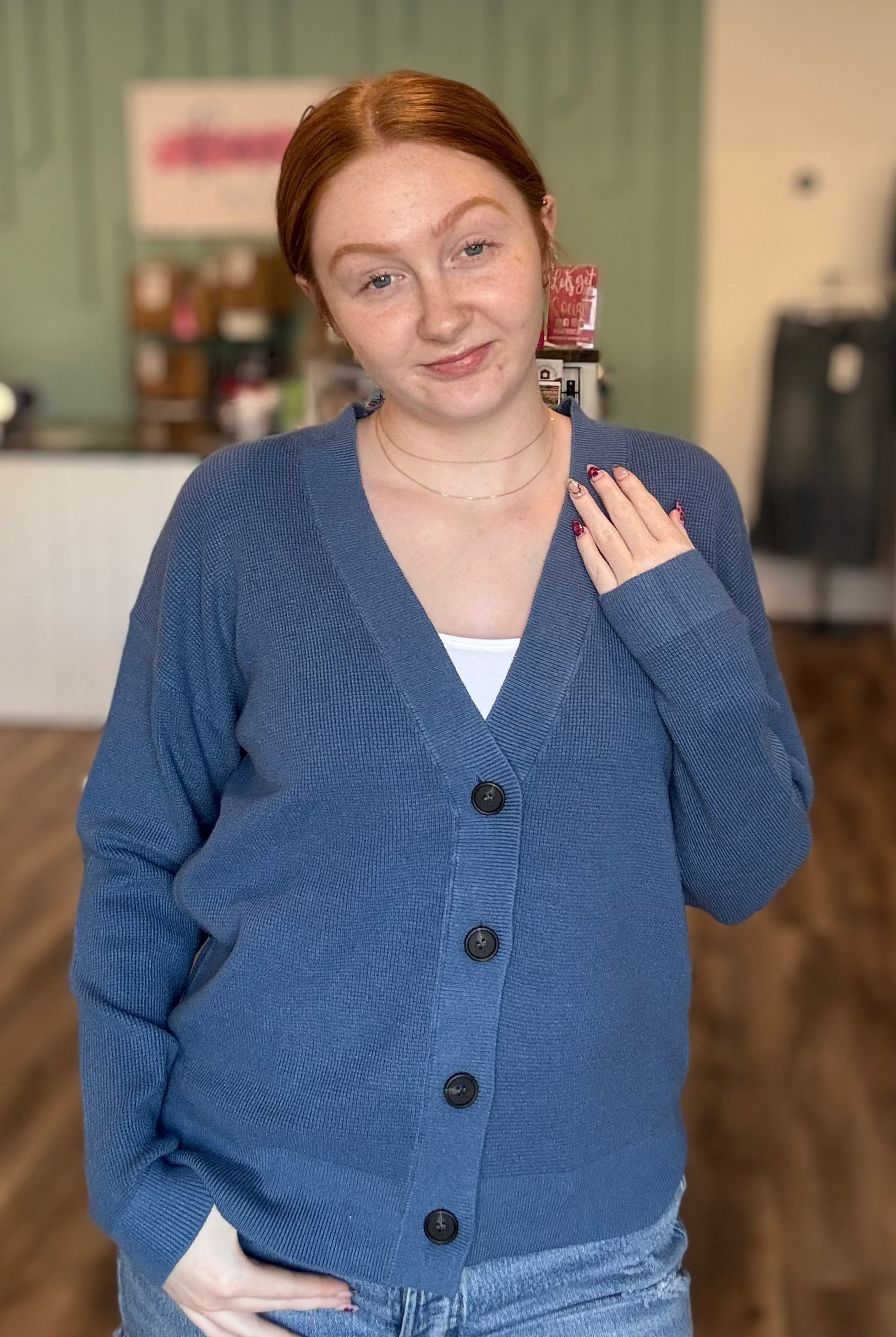 Shop Baby Waffle Knit Button Front Cardigan - Dusty Blue- at Ruby Joy Boutique, a Women's Clothing Store in Pickerington, Ohio