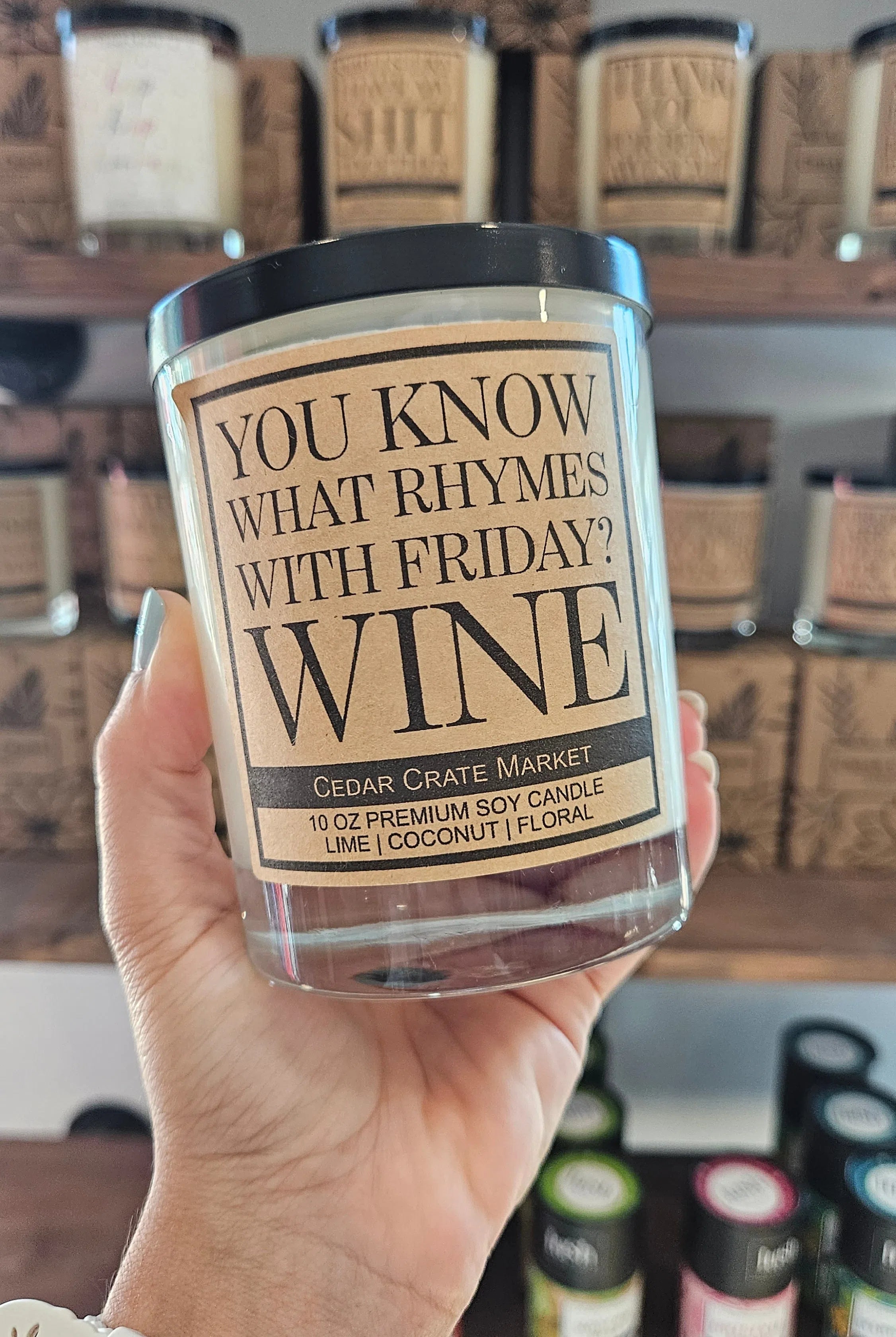 Shop Know What Rhymes With Friday? Wine | Island Coconut Lime Candle-Candles at Ruby Joy Boutique, a Women's Clothing Store in Pickerington, Ohio